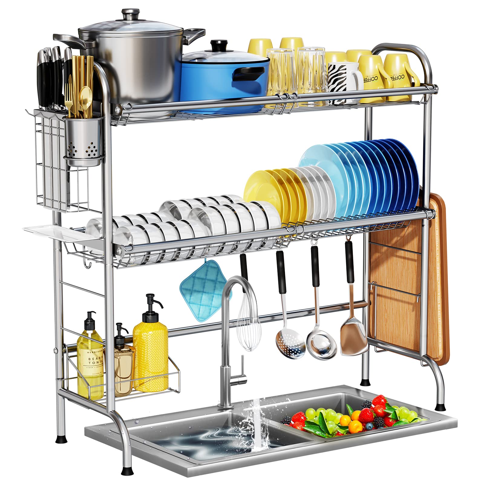 Over The Sink Dish Drying Rack, Howdia 2-Tier Stainless Steel Large Over The Sink Dish Rack With Utensil Holder Dish Drainers Fo