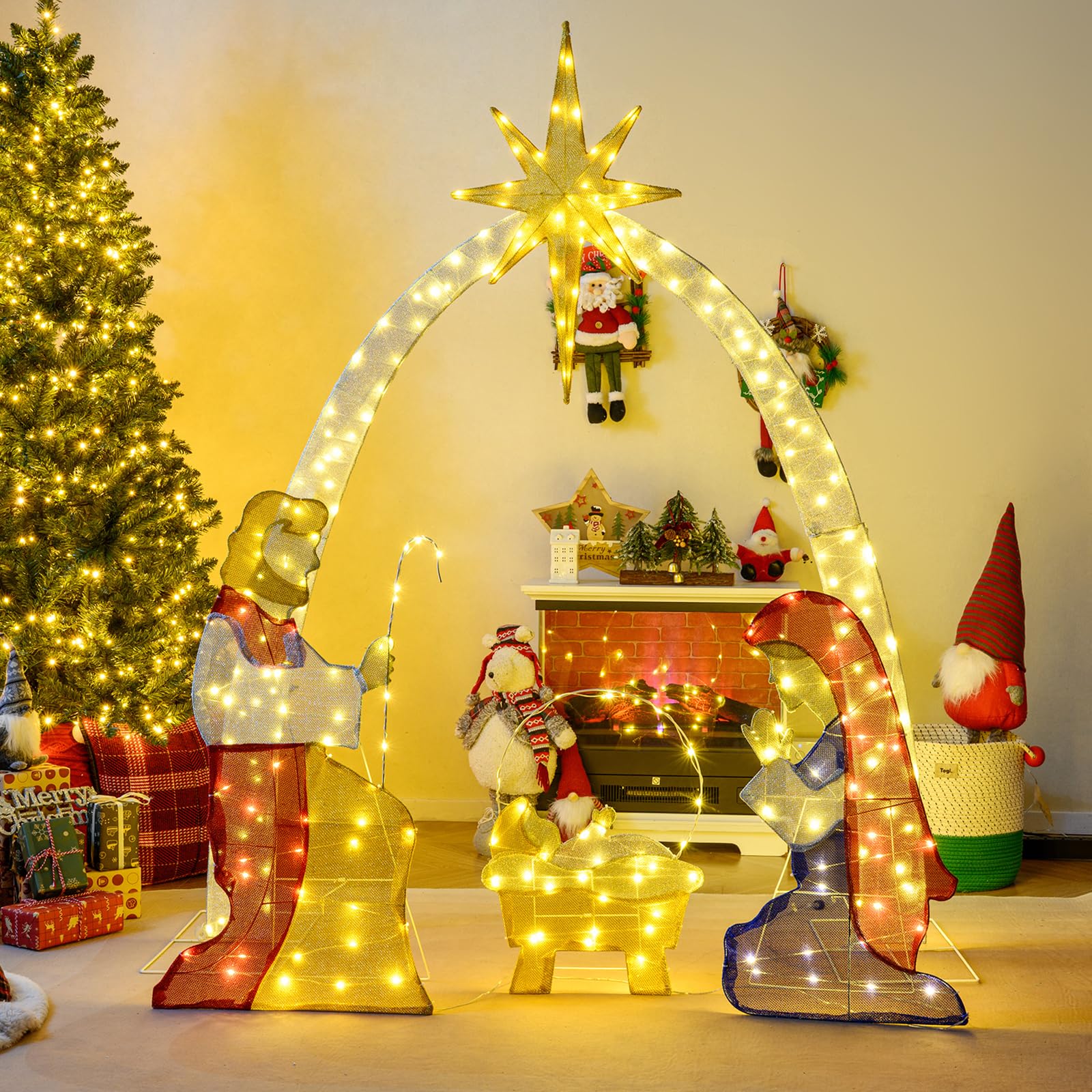 Tangkula 6 FT Christmas Lighted Nativity Scene, Pre-Lit Holy Family Yard Decoration with 240 Warm White LED Lights