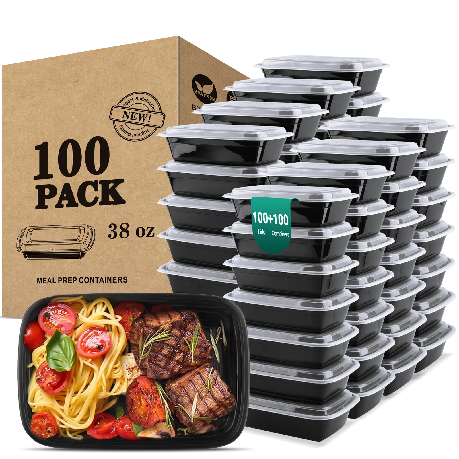 KEEP COLDER 38 Oz Plastic Meal Prep Containers - [100 Set] Food Storage Containers with Lids - Clear Disposable To Go Containers