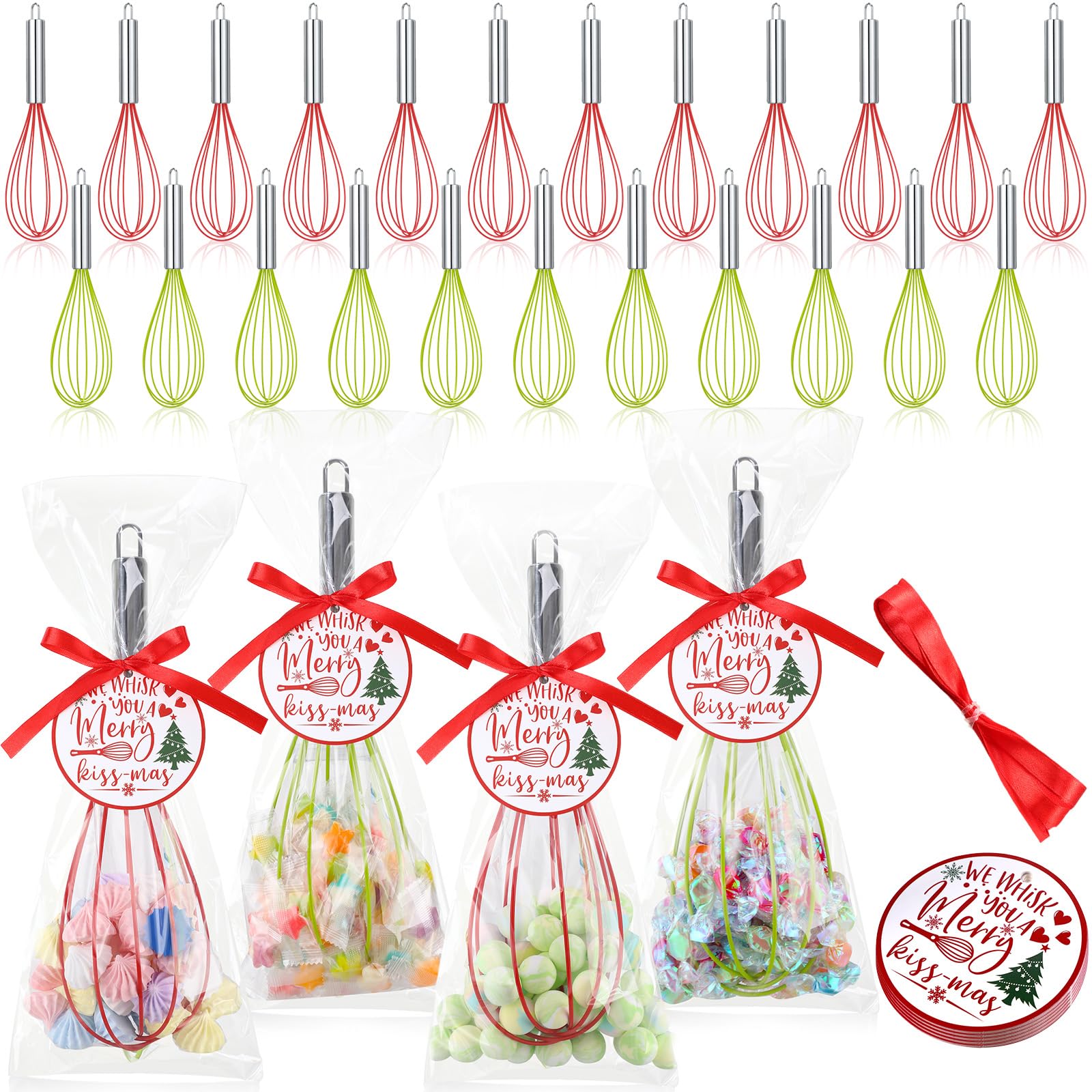 FoldTier 36 Sets 10 Inch Christmas Whisks Gifts DIY Fillable Christmas Tree Ornaments Xmas Colored Silicone Whisks for Cooking H