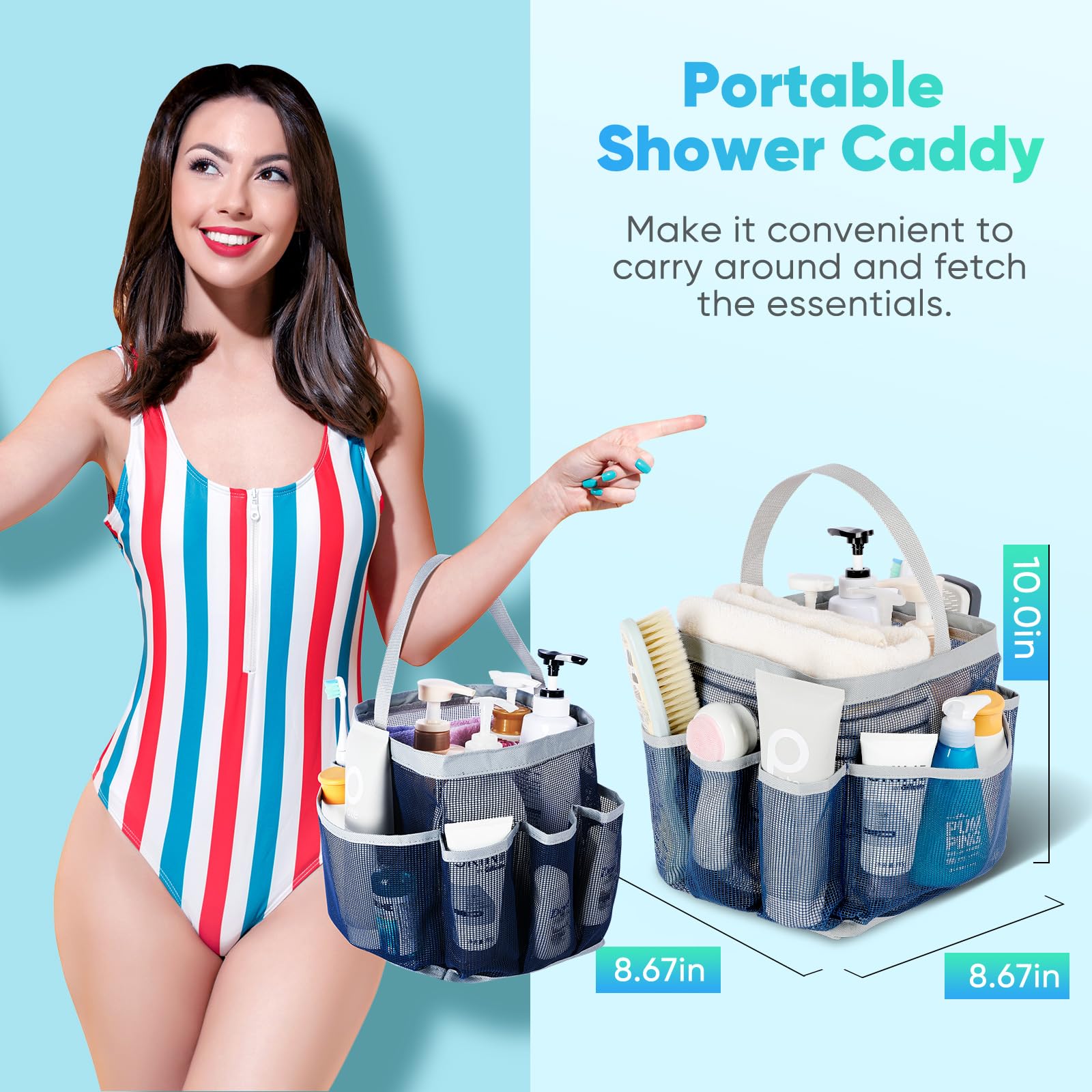 EUDELE Mesh Shower Caddy - Portable 8-Pocket Organizer for College Dorm, Beach, Gym - Navy Blue-Grey