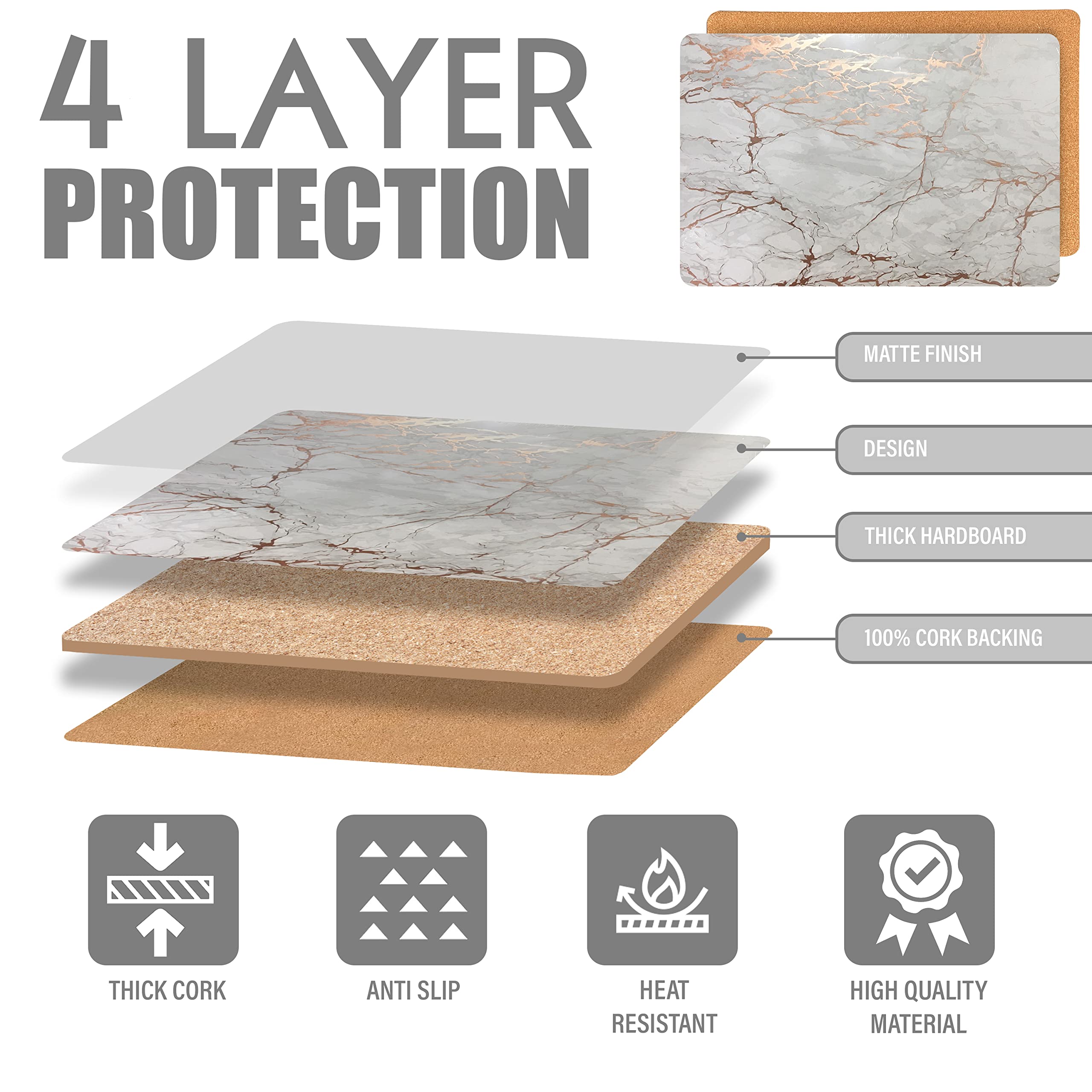 Dainty Home Marble Cork Place Mats Rectangle Rectangle Black Rose Gold 12''X18'' Set Of 2 Washable Placemats Heat Resistant Plac