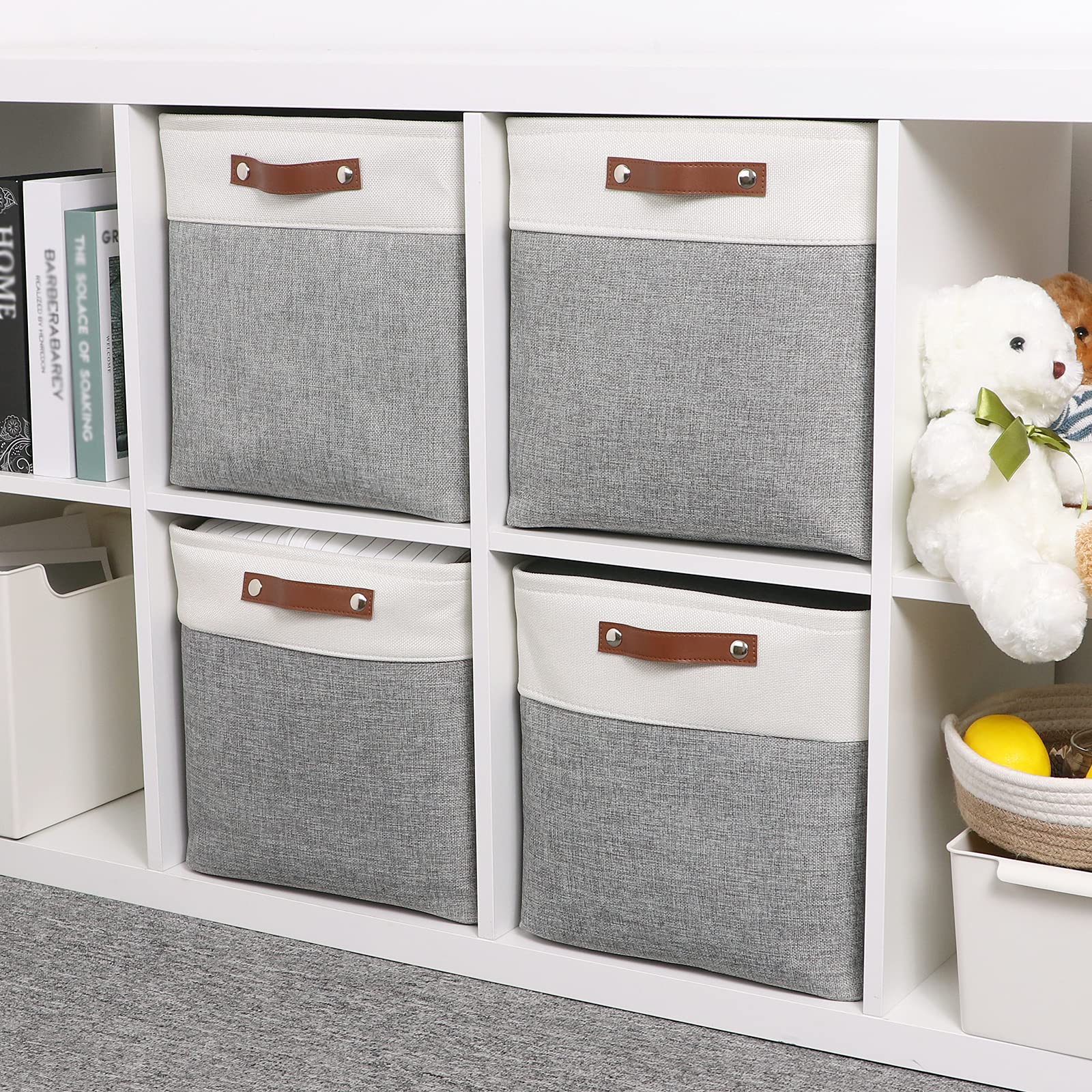 Temary 13 Inch Storage Cubes Baskets Fabric Storage Bins Cube Storage Baskets with PU Leather Handle Clothes Basket for Gift  Large Baskets for Storage Toys  Books  Blankets