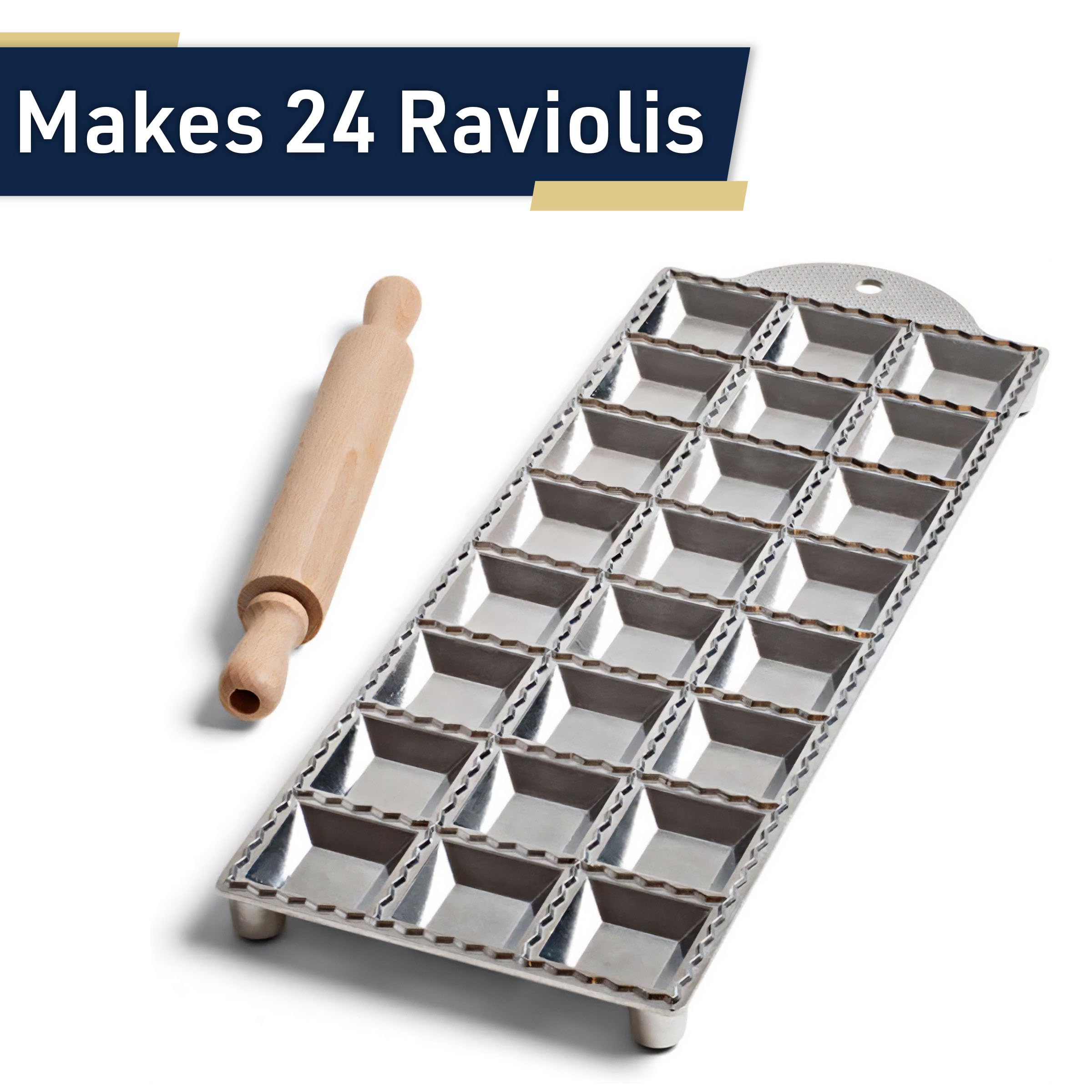 Kings County Tools Ravioli Mold Cutter - Makes 24 Square 2” Raviolis - Easy to Use with Wood Roller, Non-Slip Feet, Made in Italy