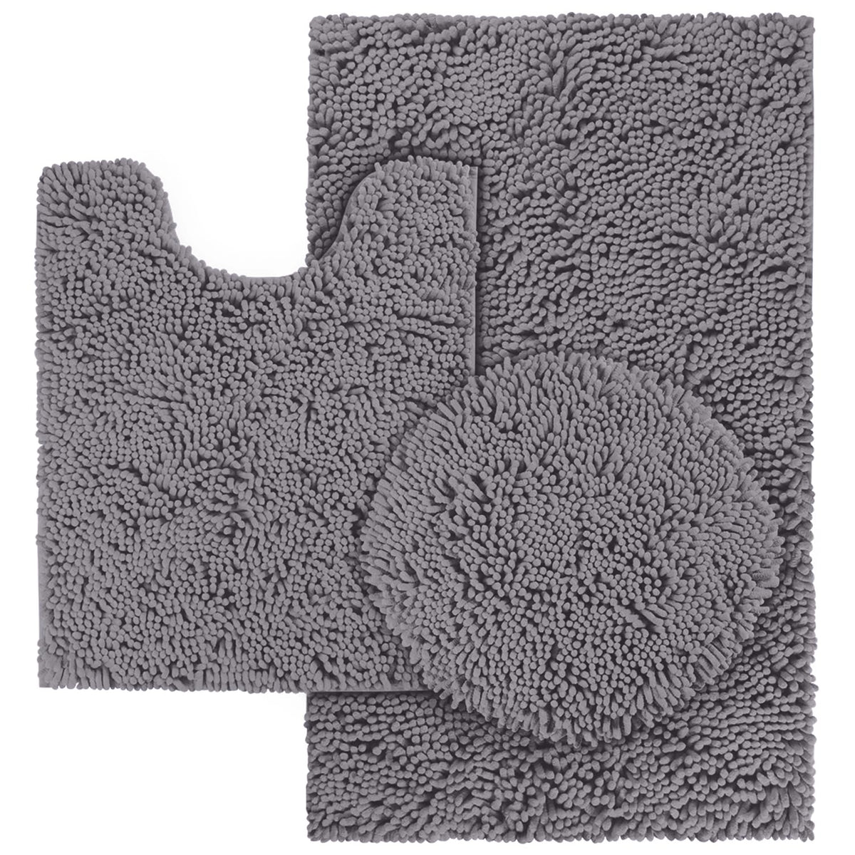 Homeideas Grey Bathroom Rugs Sets 3 Piece, Chenille Bath Rugs Soft Absorbent Non Slip Washable Bath Mats With Toilet Lid Cover,