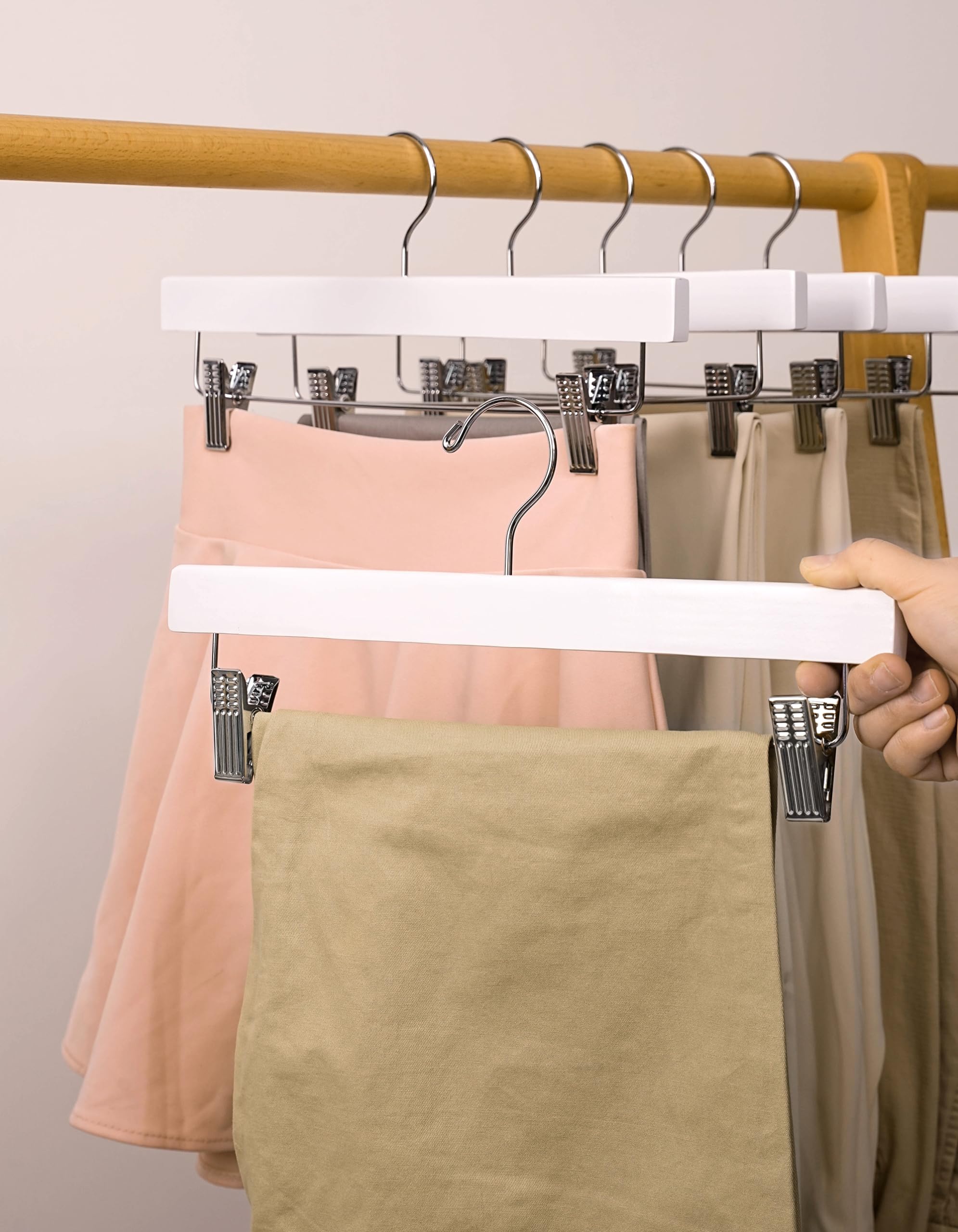 Wooden Pants Hangers, Solid Wood Bottom Jeans Skirt Hanger With 2-Adjustable Clips Anti Rust Hook Pack Of 10 (White)-Hl01Wp