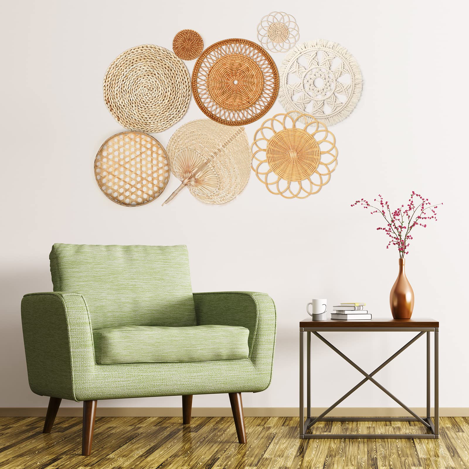 Set Of 8 Boho Wall Basket Decor Flower Shape Rattan Wall Decor Round Flat Woven Wall Decor Hollow Bamboo Hanging Basket Wall Dec