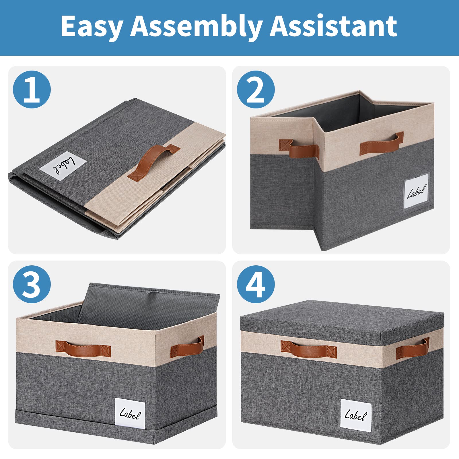 GhvyenntteS Large Storage Bins with Lids (3-Pack) Large Closet Storage Bin with Lid and 3 PU Handles  Foldable Fabric Storage Baskets for Shelves with Label Window for Home Office (Gray  15'' x 11'' x 9.7'')