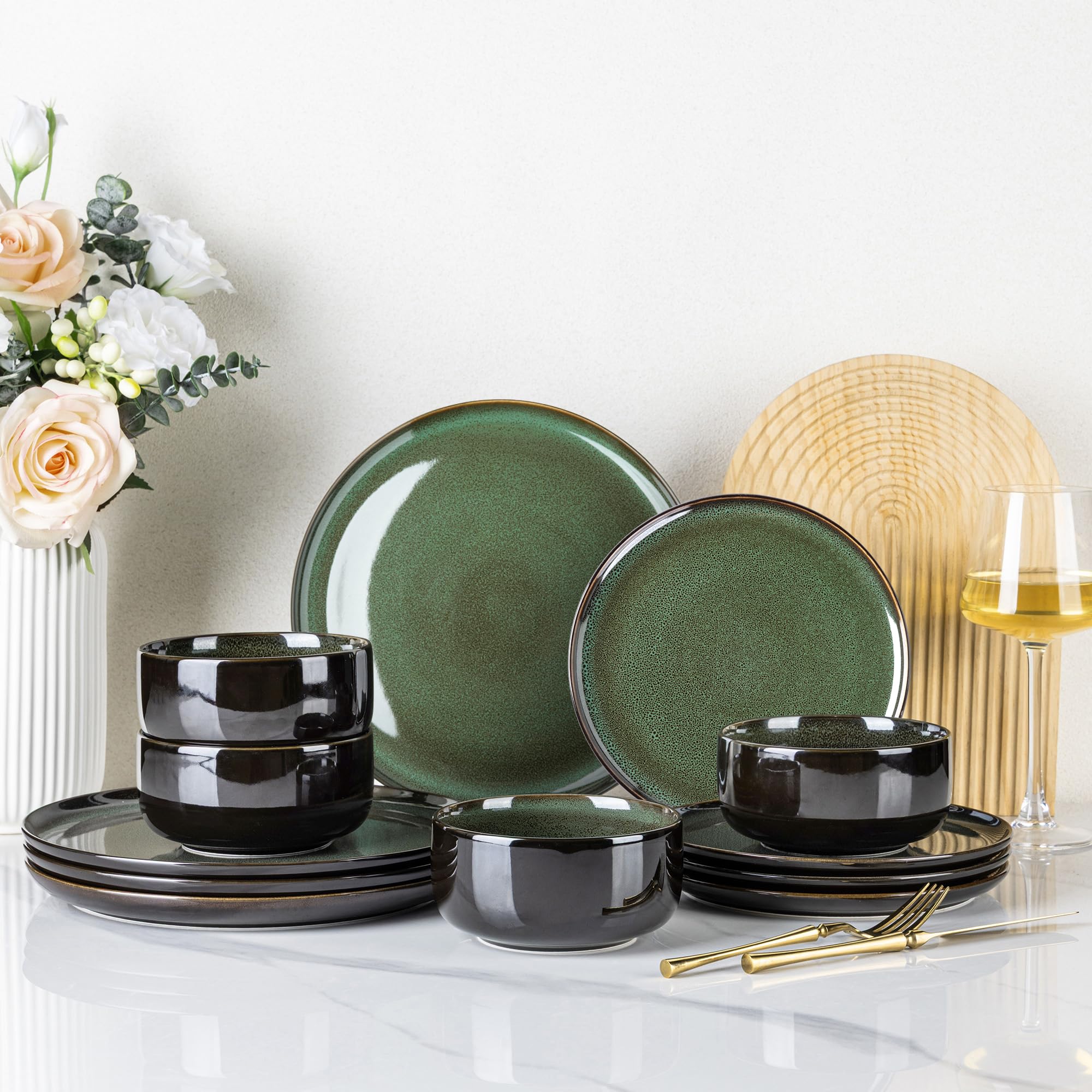 LeRatio Ceramic Dinnerware Sets for 4,Porcelain Plates and Bowls Sets, Reactive Glaze Dishes Set,Chip Resistant and Scratch Resi