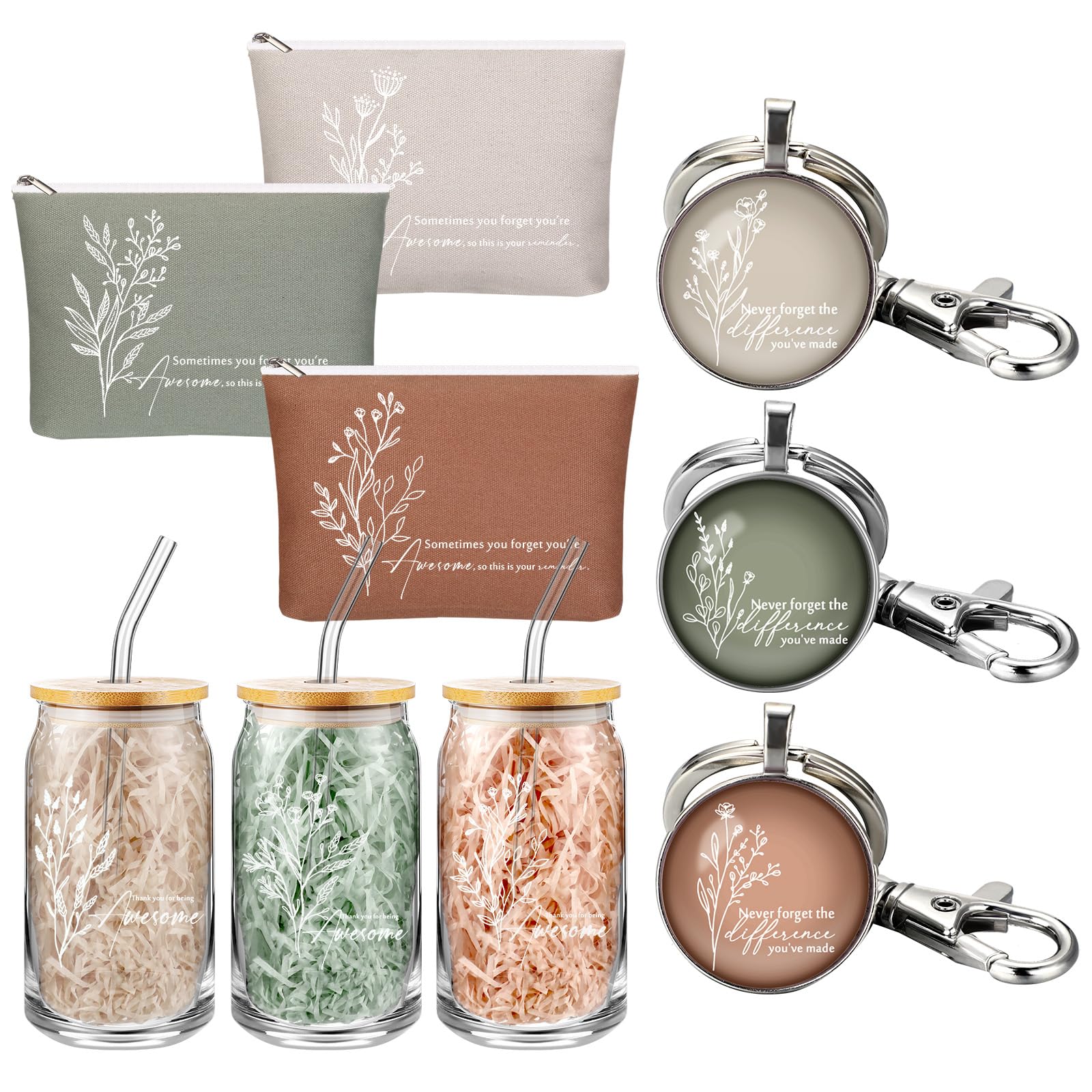 Hoolerry 9 Pcs Thank You Gifts for Women 16oz Glass Cup Motivational Pouch Teacher Appreciation Keychain for Graduation Boss Emp