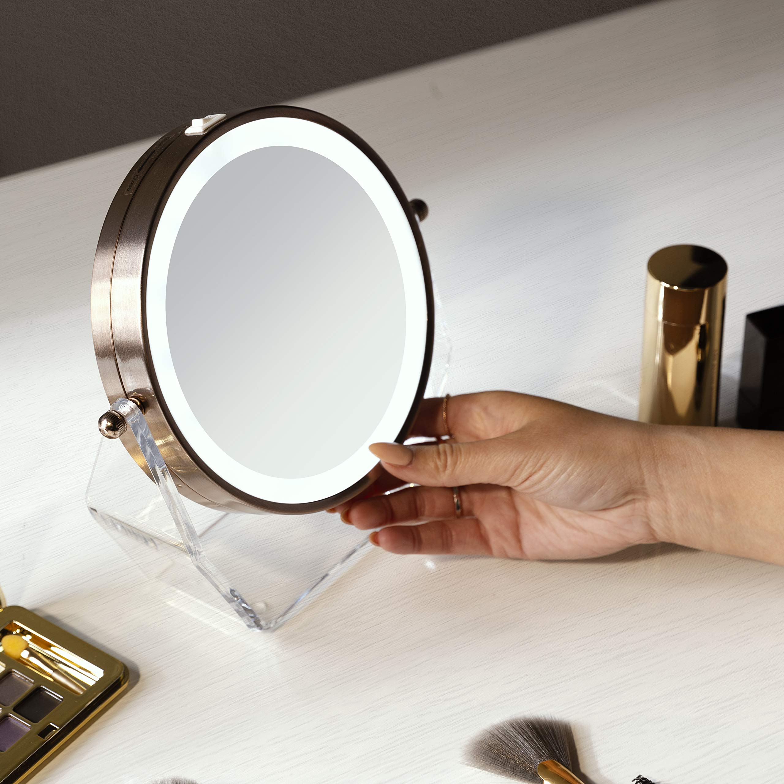 Zadro Led Lighted 8X/1X Magnification Two-Sided Swivel Acrylic Base Vanity Makeup Mirror For Bedroom, Bathroom And Tabletop In R