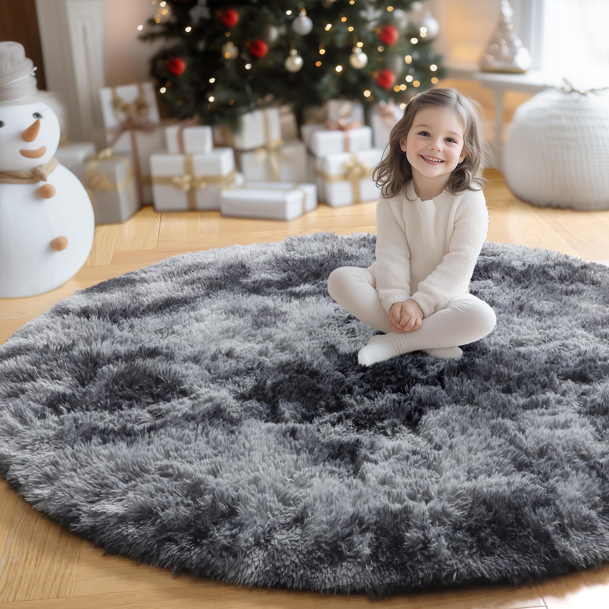 Amdrebio Tie-Dyed Dark Grey Round Area Rug 5Ft for Living Room Bedroom, Soft Furry Shaggy Circle Rugs for Classroom Playroom Dor