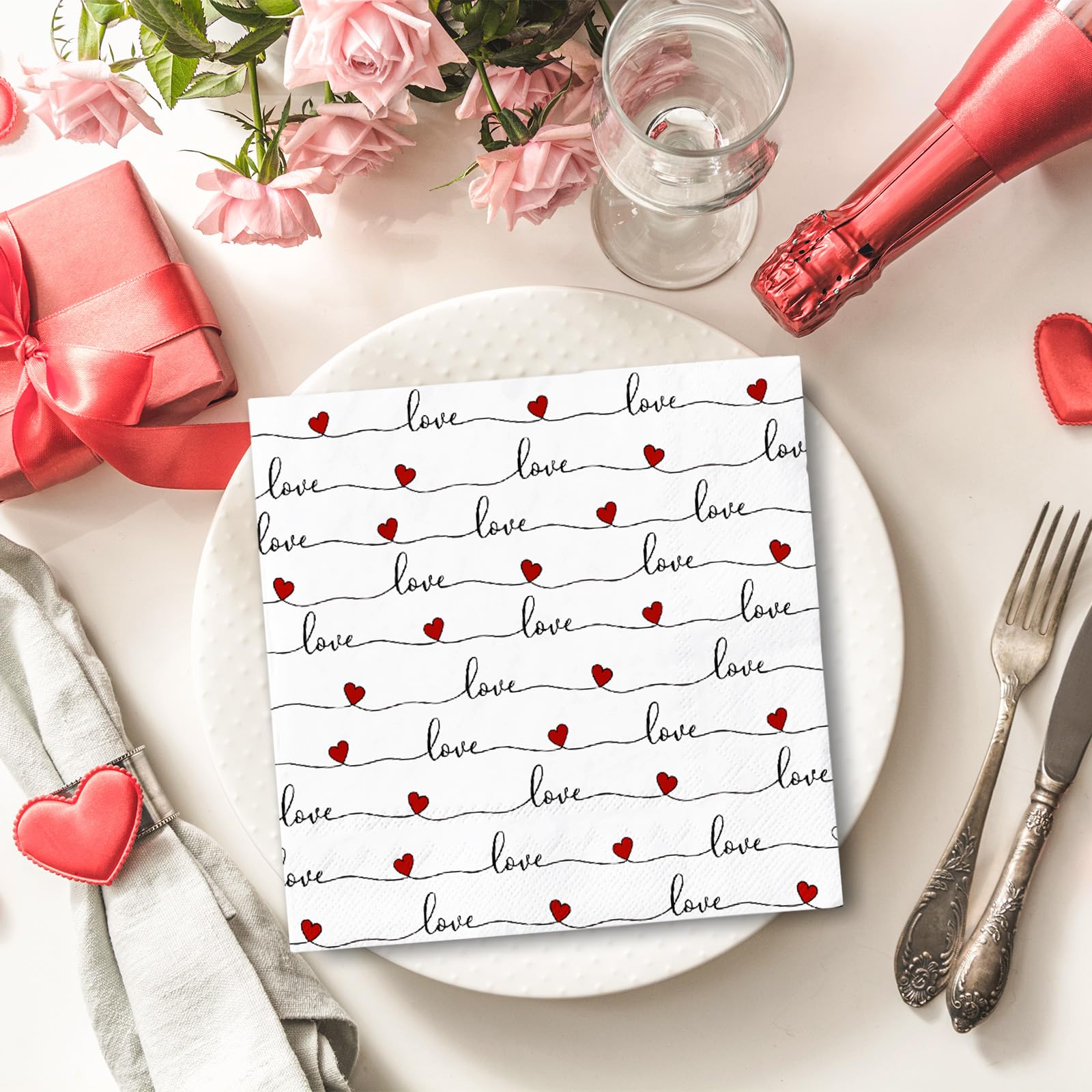 Anydesign 100Pcs Valentine'S Day Paper Napkins Love Hearts Disposable Luncheon Napkins Dessert Dinner Hand Napkin For Wedding Br