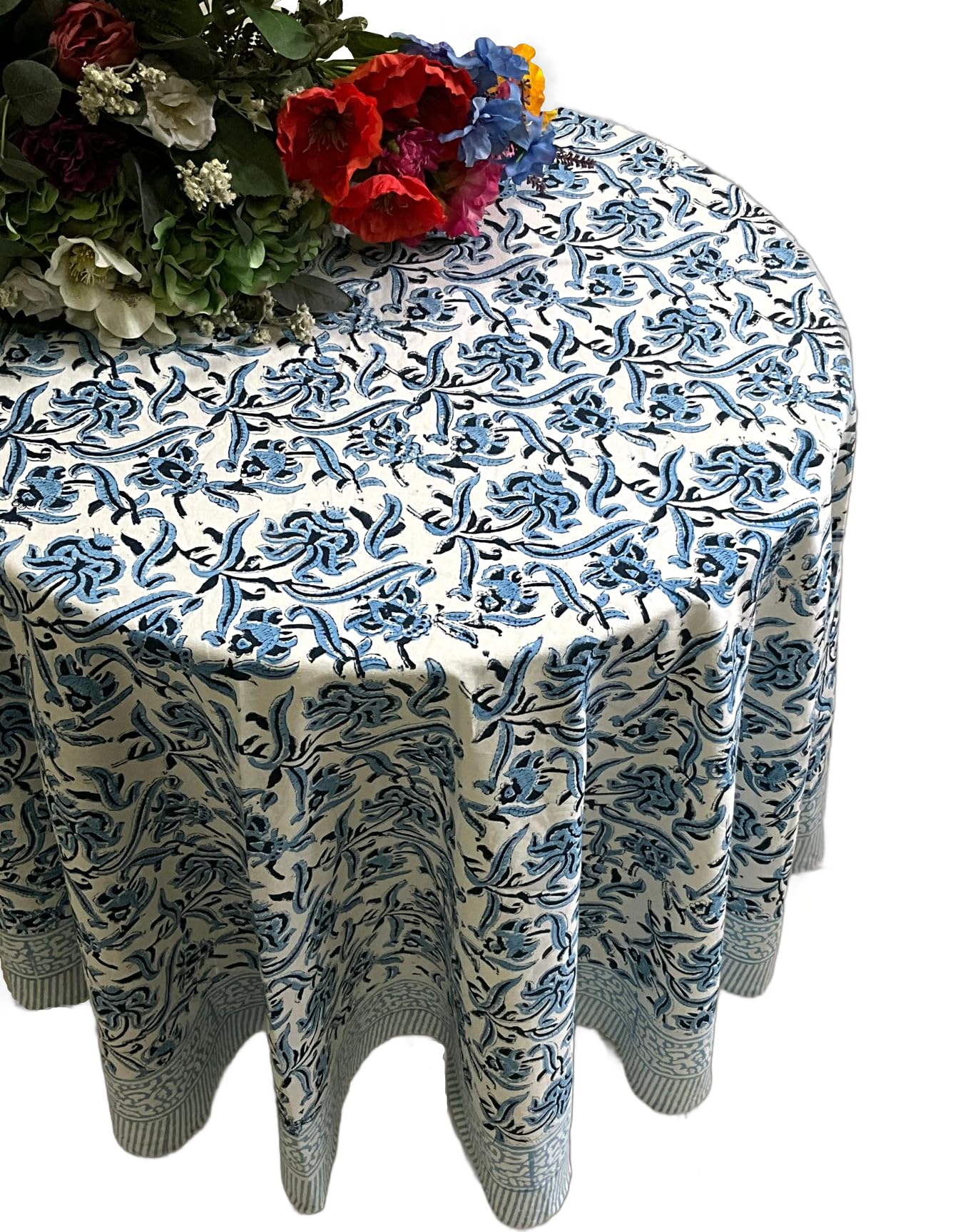 ATOSII Midnight Bloom 100% Cotton Round Tablecloth, Handblock Print Floral Table Cloth for Kitchen Dining Linen I Parties, Weddi