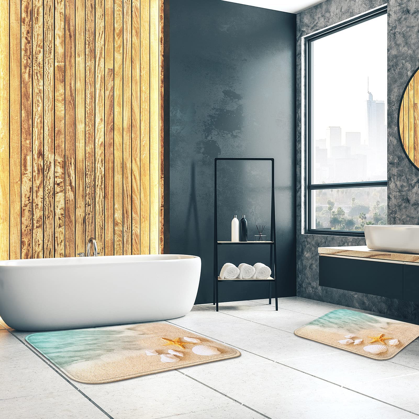 Britimes Beach Starfish Sea Shell Ocean Bathroom Rug Mat Set Of 2, Washable Cover Floor Rug Carpets Floor Bath Mat Bathroom Deco