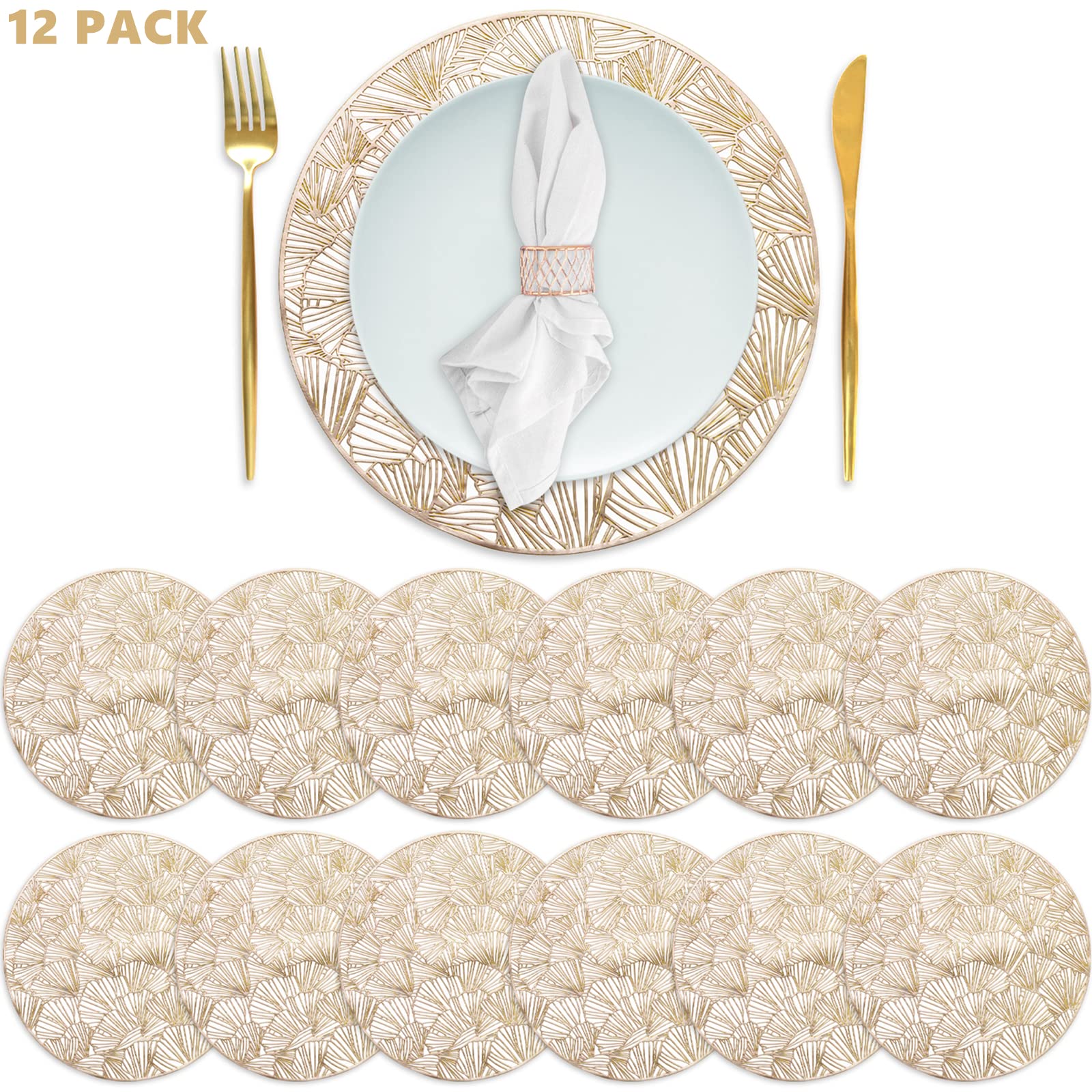 Deayou Set Of 12 Round Pressed Vinyl Placemats, Gold Wedding Accent Centerpiece Placemat, Non-Slip Placemats For Dining Table, K