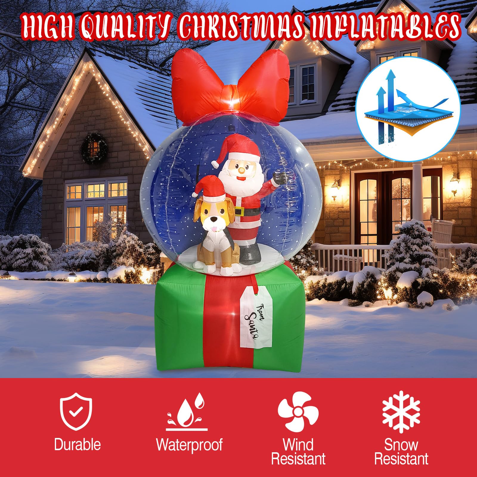 UniqSeason 8Ft Christmas Inflatable Snow Globe Decoration with Santa & Puppy in Xmas Snow Ball Blow Ups with Gifts Box Built-in