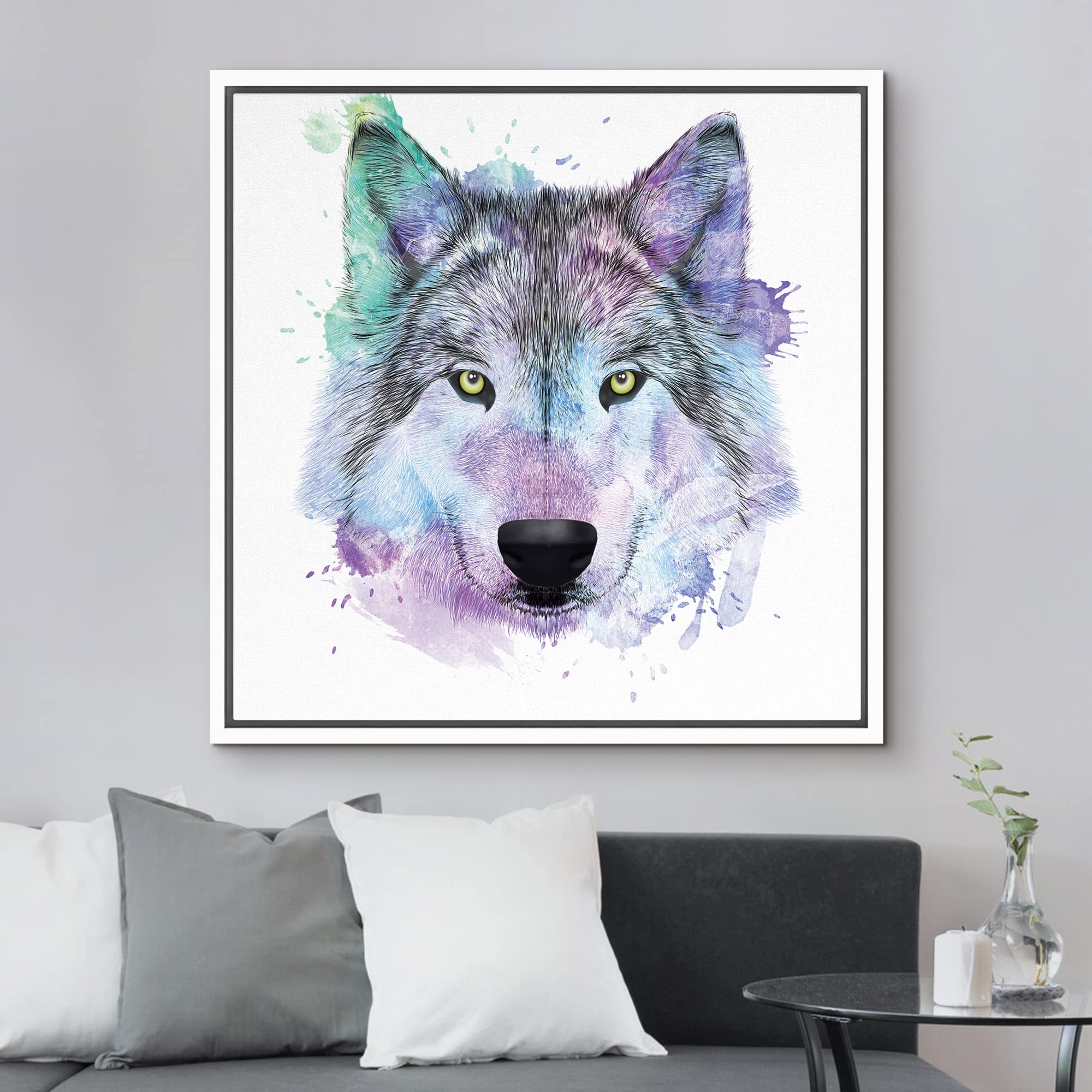 Wall26 - Fun And Colorful Splattered Watercolor Wolf - Framed Canvas Art Home Art - 24''X24'' White