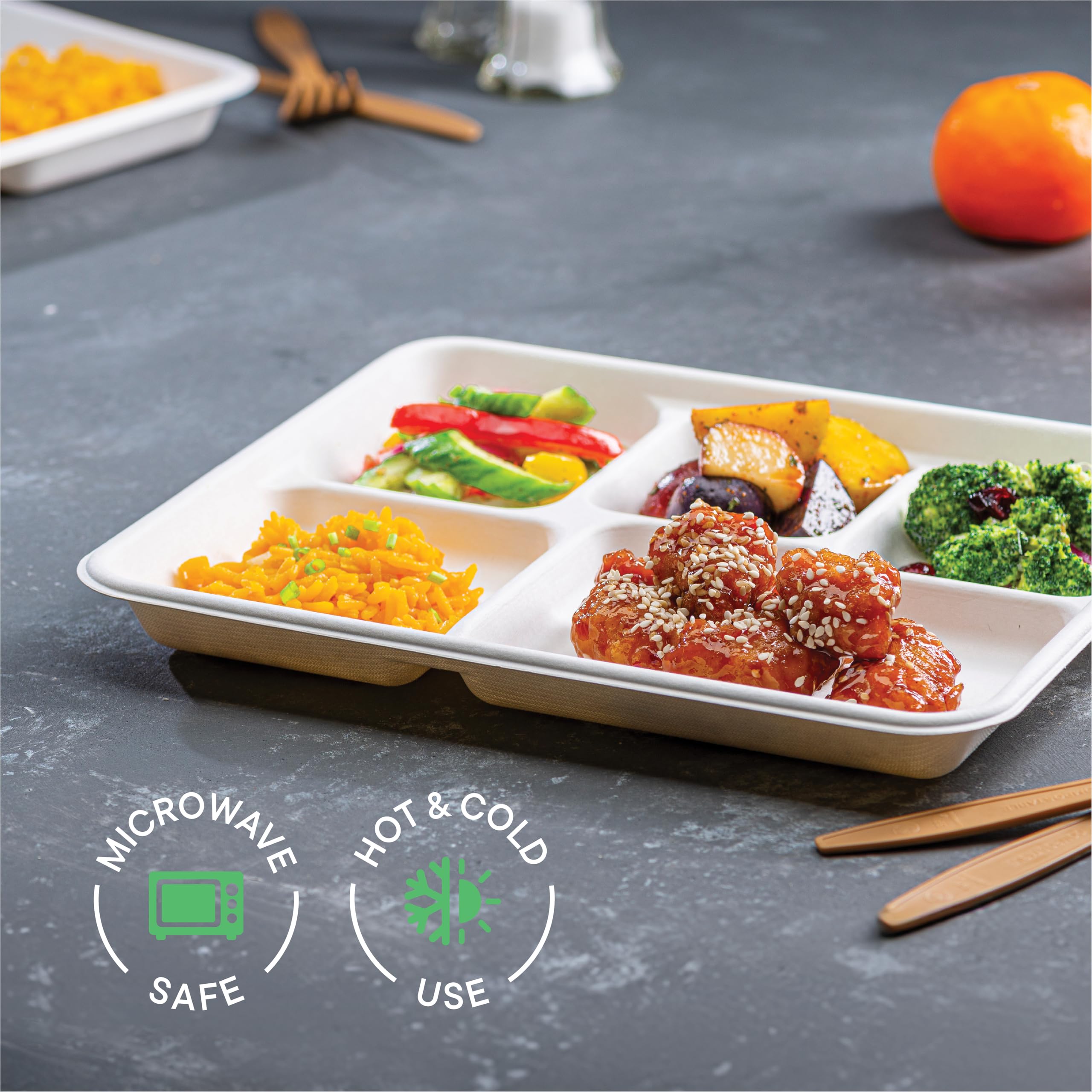 100% Compostable, 5 Compartment, Disposable Paper Plates [125-Pack] - {Pfas Free} - {Bpa Certified} - [10 Inch] Heavy Duty Biode