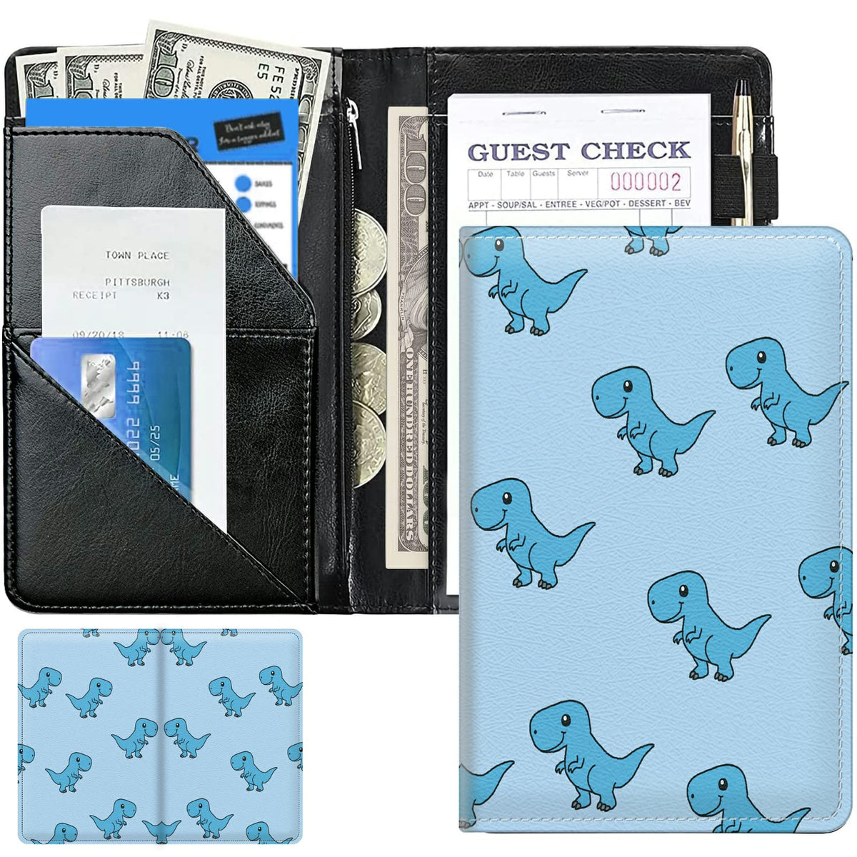 Dinosaur Cute Server Books For Waitress, Waiter Book Server Wallet With Zipper Money Pocket, Waitress Ticket Book Holder Restaur