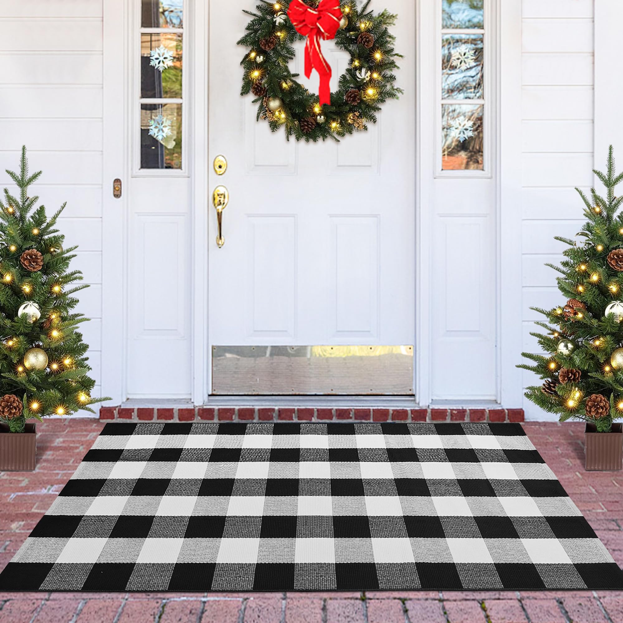 Buffalo Plaid Rug 3x5 Cotton Woven Buffalo Check Rug Black and White Checkered Outdoor Rug Washable Indoor Outdoor Area Rug Laye