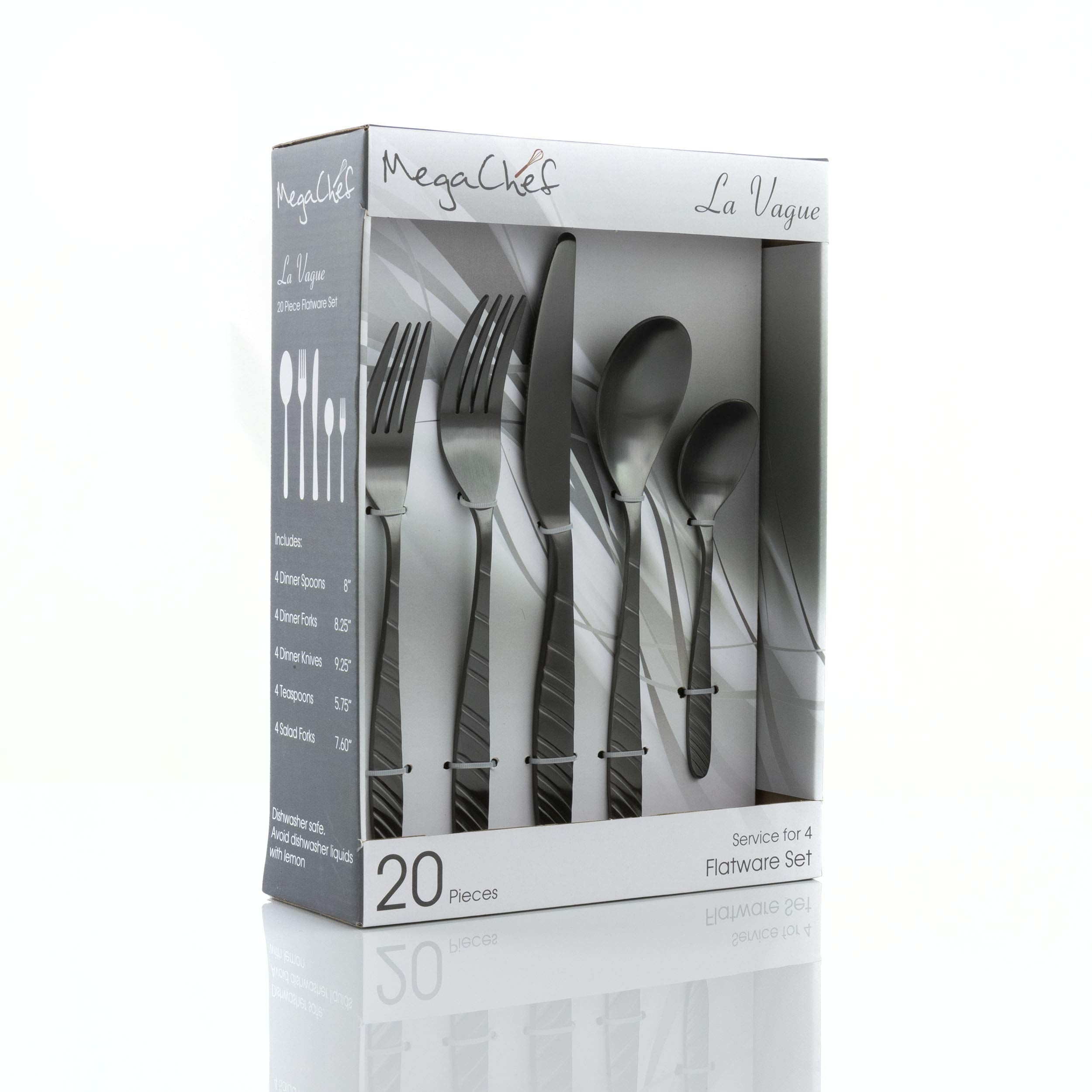 Megachef La Vague 20 Piece Flatware Utensil Set, Stainless Steel Silverware Metal Service For 4 In Matte Black