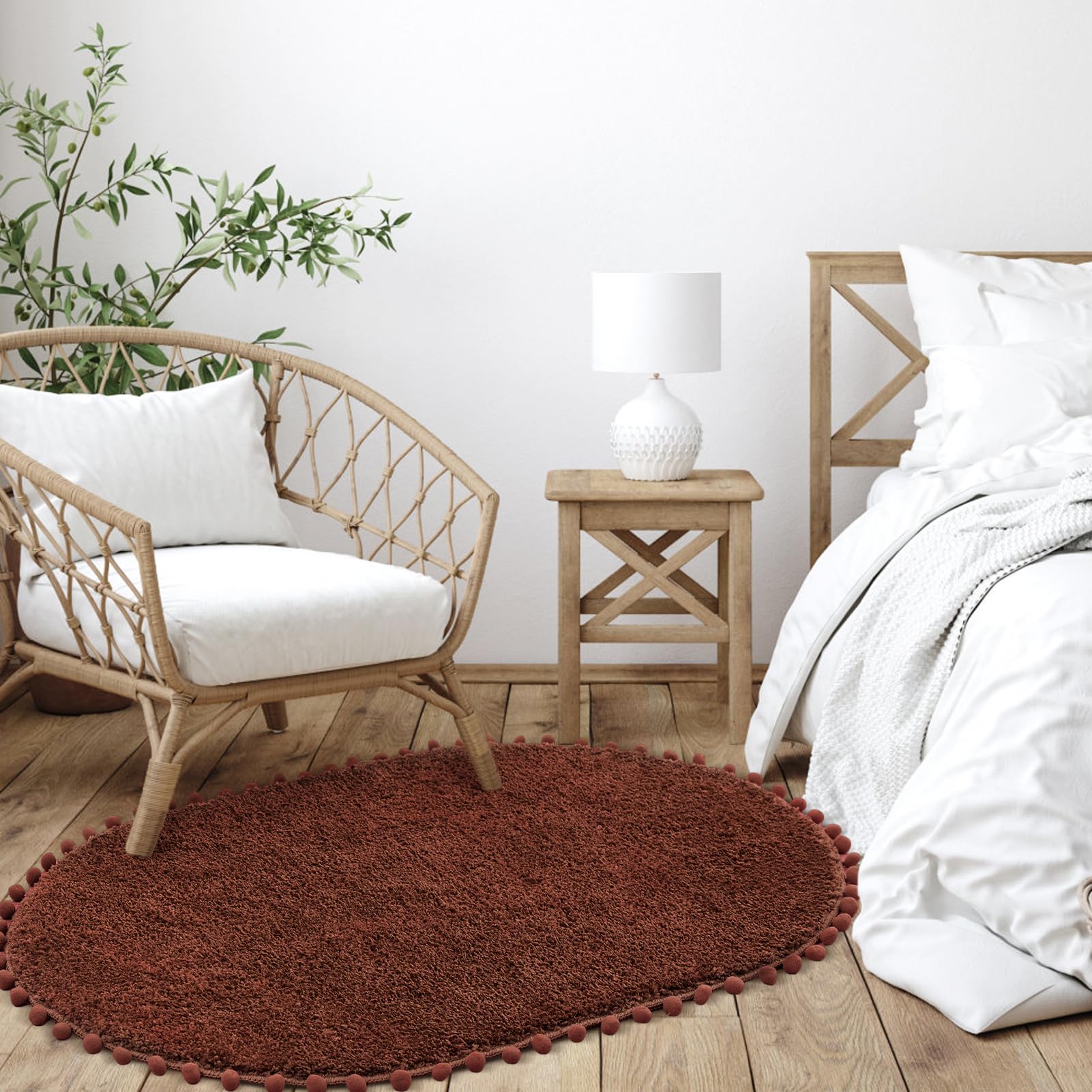 Yirddeo Bath Mat Terracotta Oval Rug With Pom Bathroom Rugs For Bedroom Non Slip Cute Boho Absorbent Mats Soft Plush Washable Ru