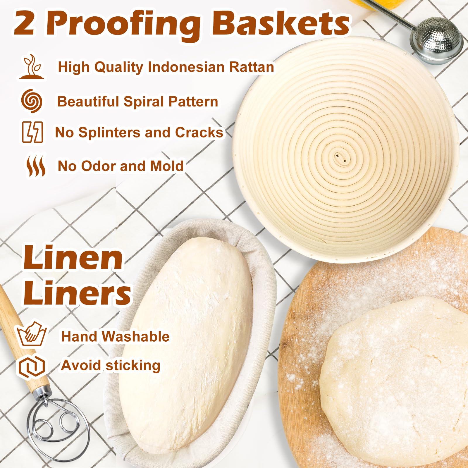 Banneton Bread Proofing Baskets, 9 Inch Round & 10 Inch Oval Sourdough Basket With Upgrade Complete Bread Baking Supplies, All-I