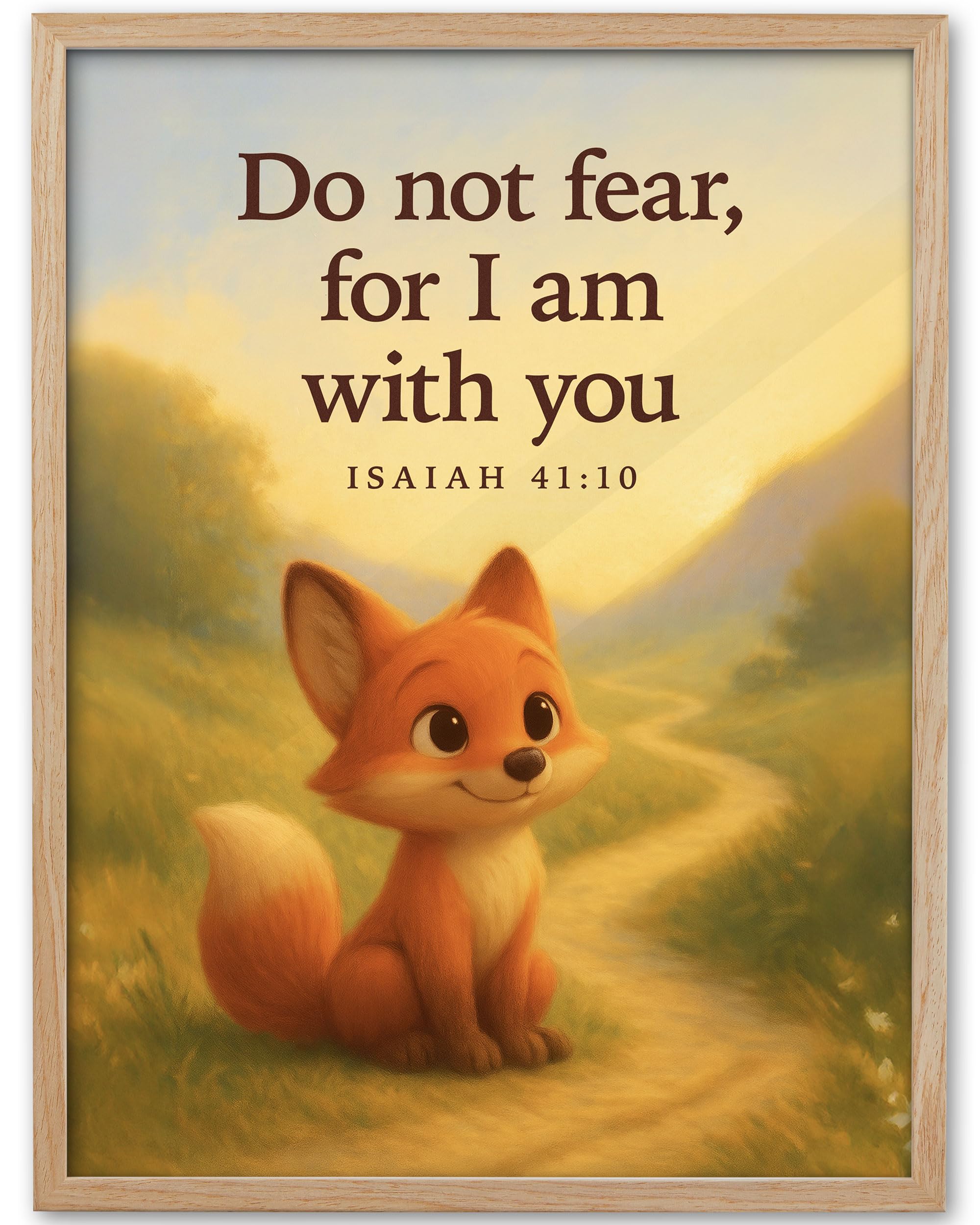 Kenstro Natural Oak Wood Companion Of God Framed Wall Art, 12X16 In Cute Cartoon Fox On A Mountain Road Christ Bible Canvas Art,