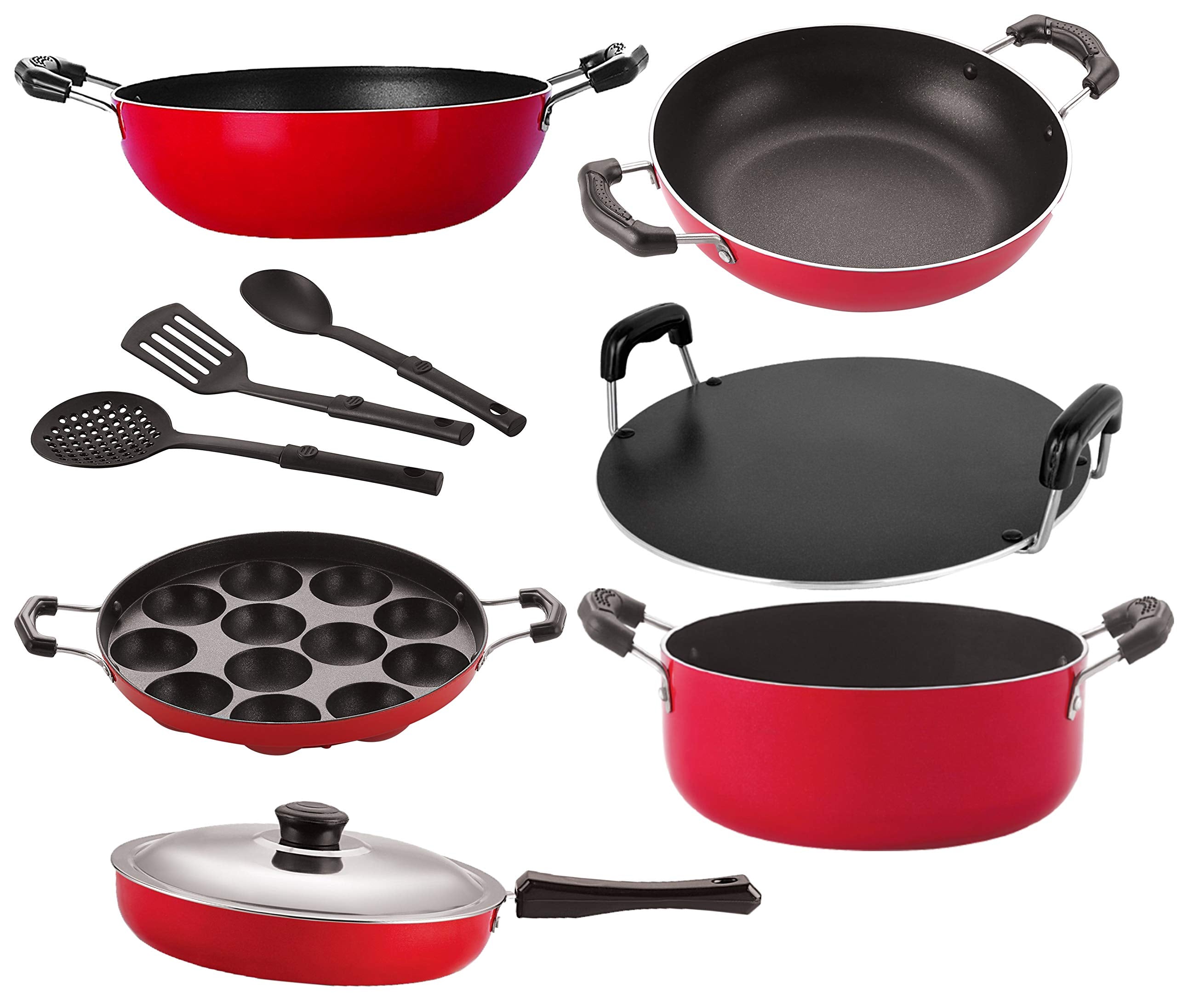 Nirlon NonStick Cookware Kitchen Aluminium Cooking Essential Combo Set Of 9 Pieces {26_Kd13_Kd14_Ap_Rt_Cass20_Fp12_3Spn }