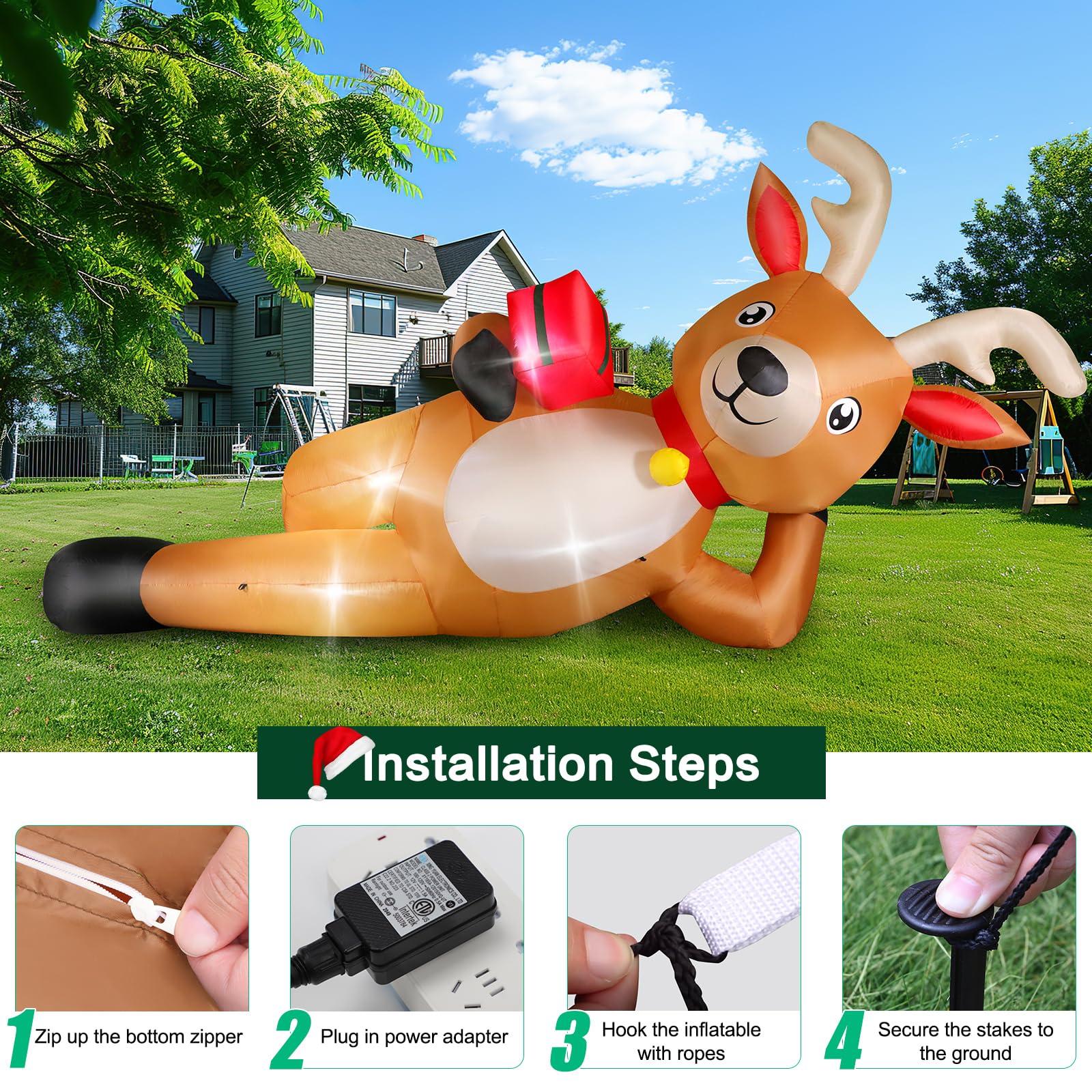 12 FT Giant Christmas Inflatable Reindeer Outdoor Decorations, Large Blow Up Reindeer with Gift Box Decor, Built-in LED Lights,