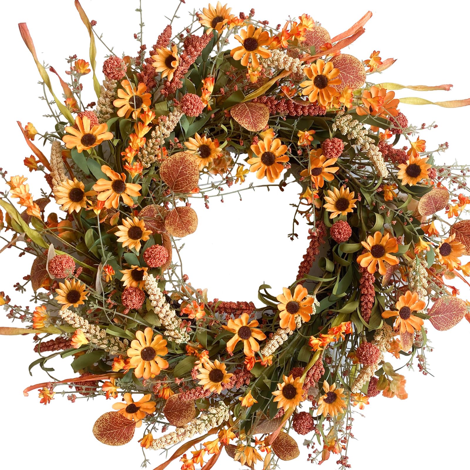Bibelot Fall Front Door Wreath, 22 Artificial Floral with Colorful Daisies and Autumn Foliage - Orange for Wall, Window and Than