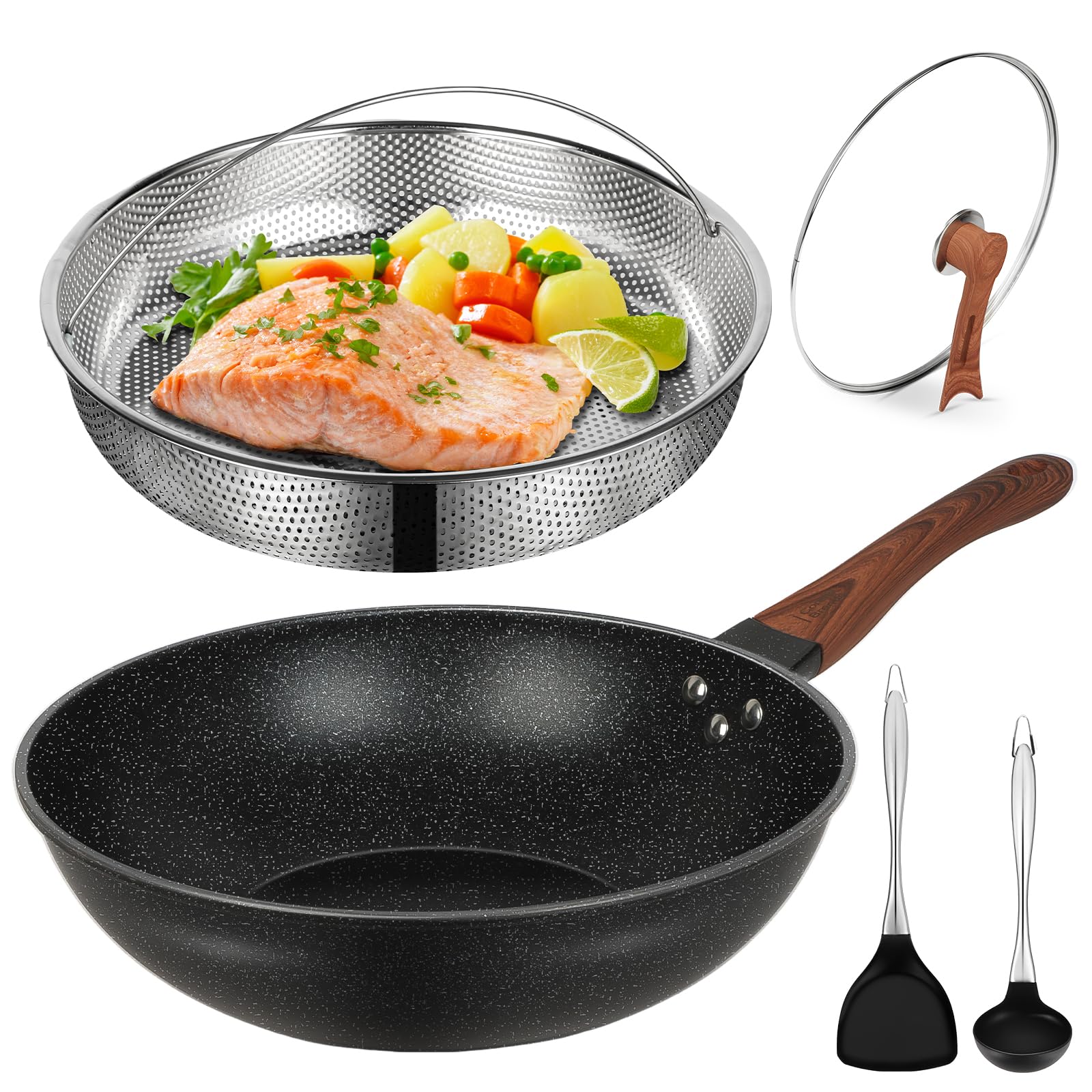 Aosion 13 Nonstick Wok, Woks & Stir-Fry Pans Non Stick Wok With Lid And Steamer Basket Spatula Ladle, 100% Pfoa Free Induction