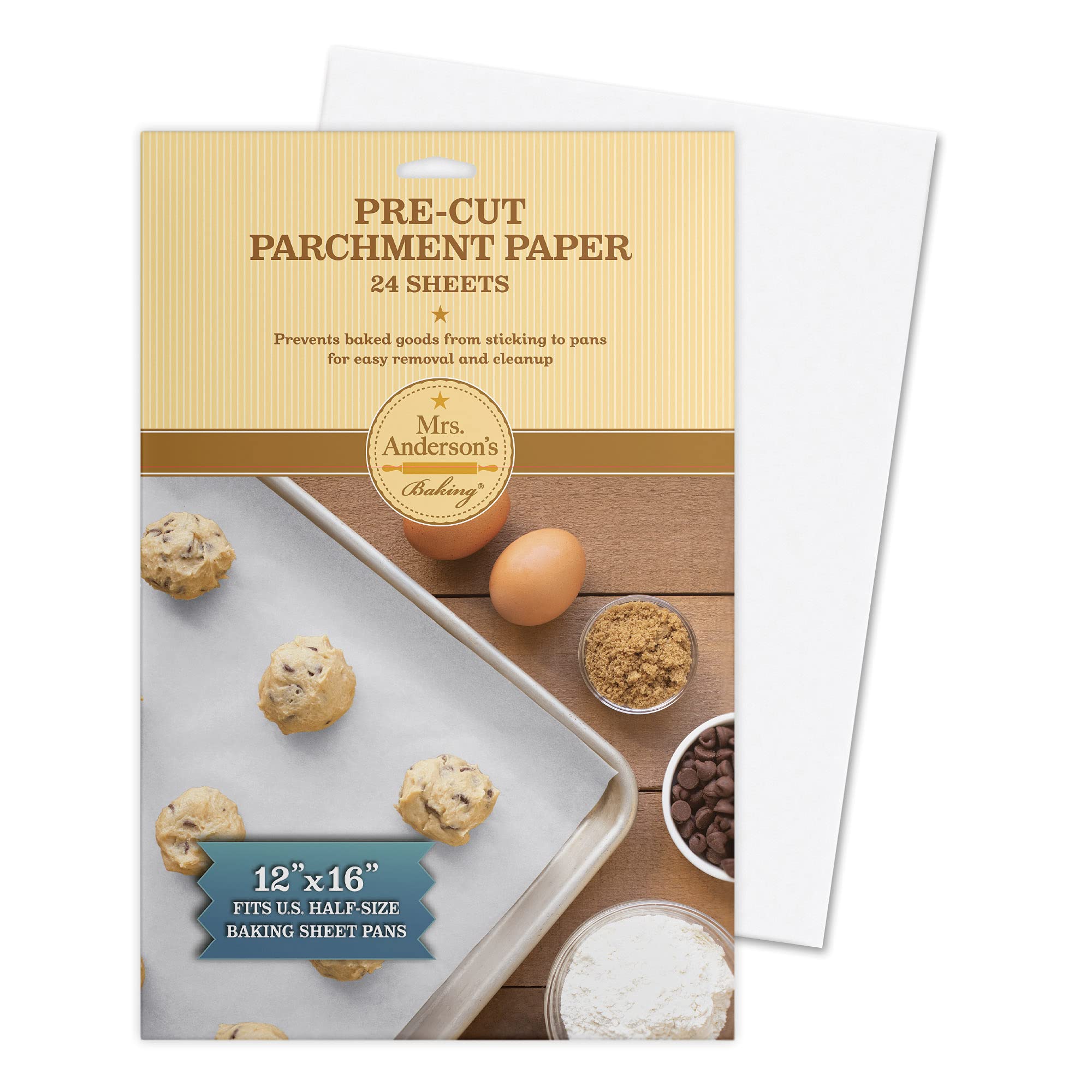Mrs. Andersons Baking Non-Stick Pre-Cut Parchment Paper Sheets, 12 X 16-Inches, 24 Sheets