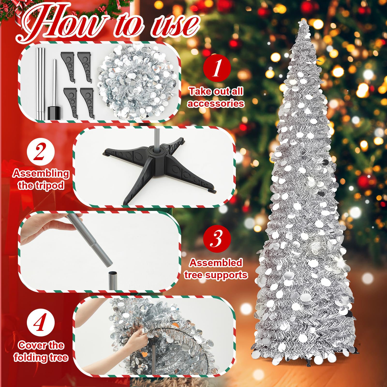 Leyndo 6 Pcs 5 ft Collapsible Artificial Christmas Tree Pop up White Sequined Tinsel Pencil Skinny Xmas Tree for Home Fireplace