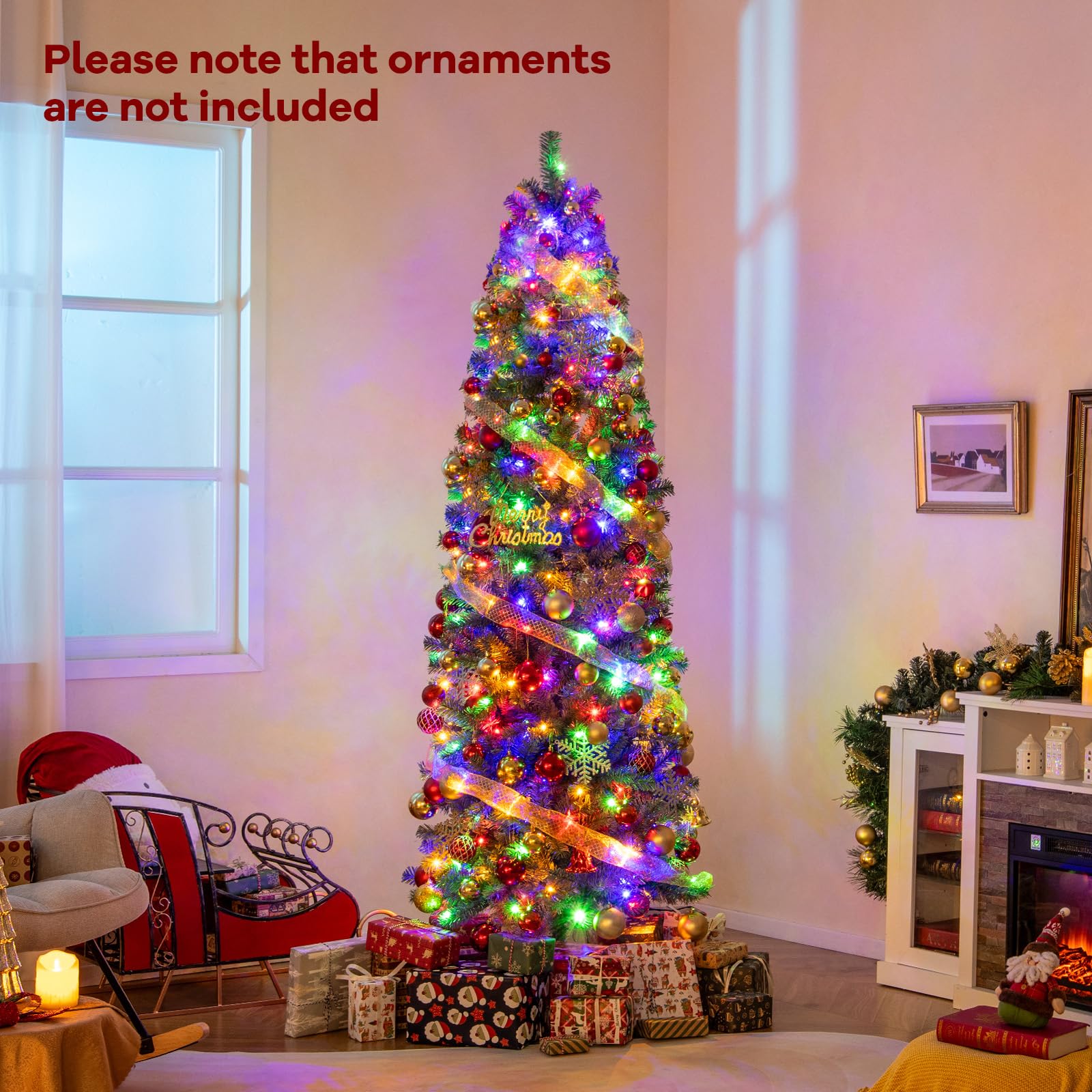GOFLAME 7.5FT Pre-Lit Pencil Christmas Tree, Hinged Artificial Xmas Tree with 724 Branch Tips, 250 LED Lights, 9 Lighting Modes