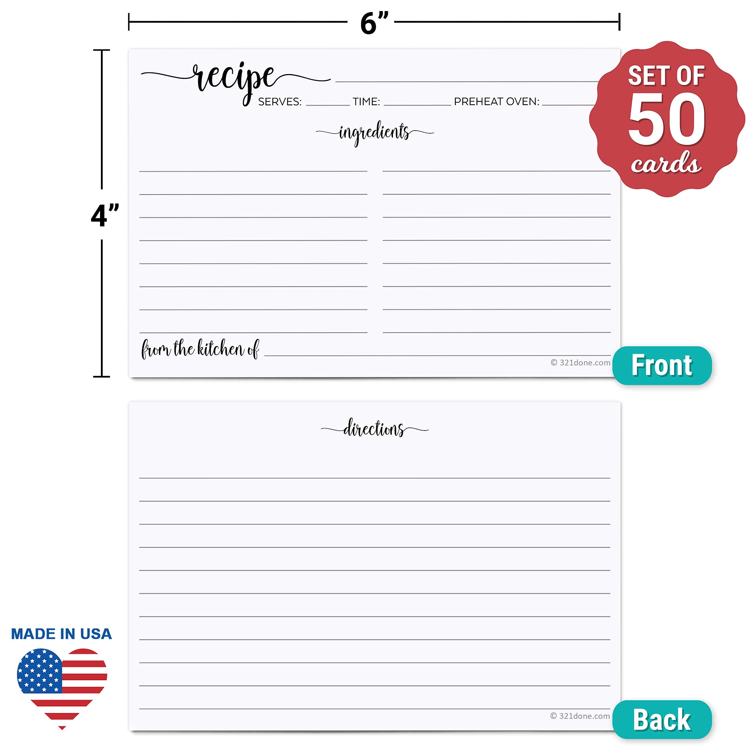 321Done Recipe Cards (Set of 50) 4x6 - White - from The Kitchen of - Large Double-Sided Premium for Weddings  Bridal Shower  Baby - Made in USA - Minimalist