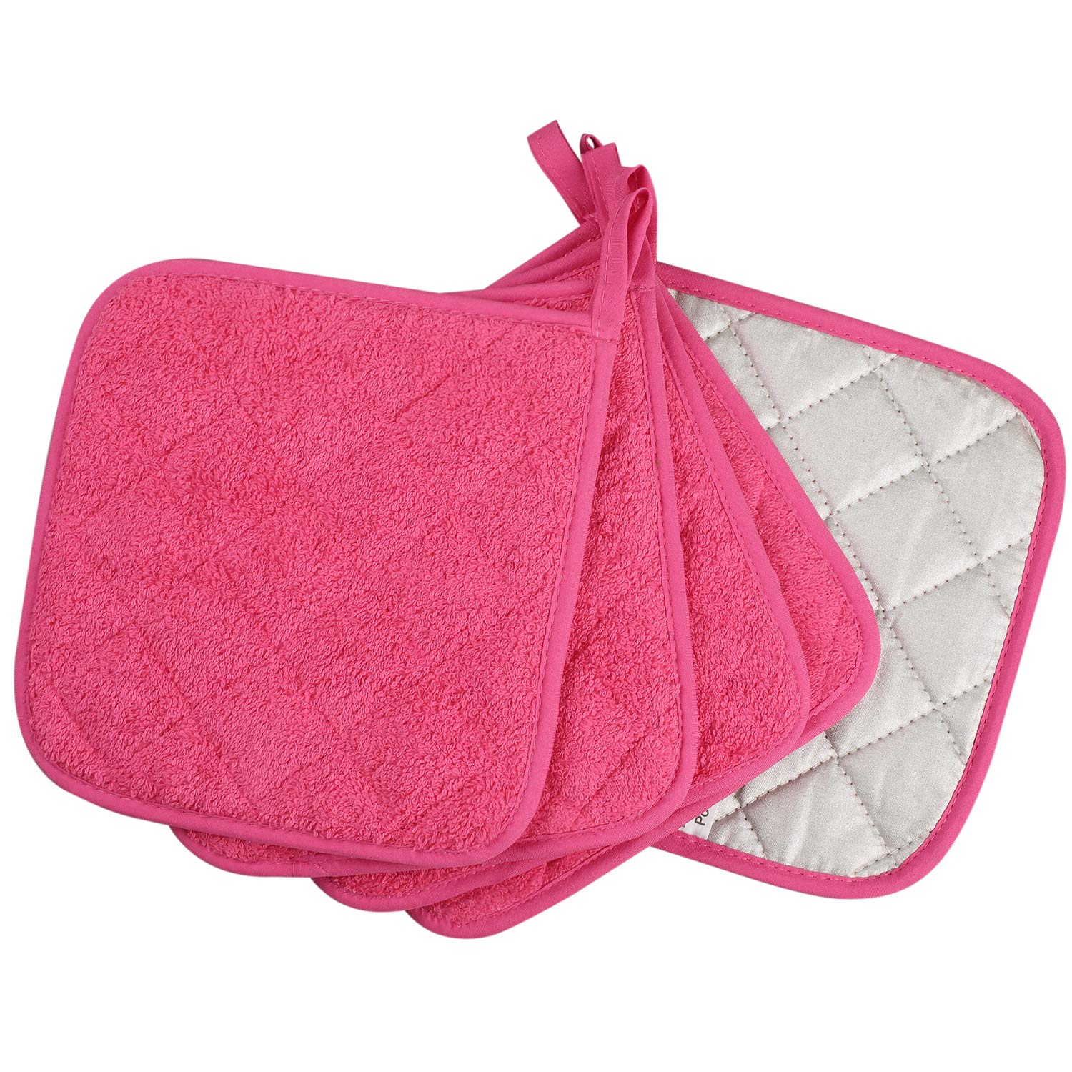 100% Cotton Kitchen Everyday Basic Terry Pot Holder Heat Resistant Coaster Potholder for Cooking and Baking Set of 5 (Dark Pink  Potholder)