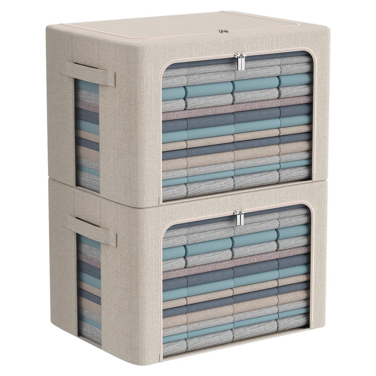 Extra Large Clothes Storage Bins - Linen Fabric Foldable Stackable Container Organizer Set with Clear Window & Carry Handles & M