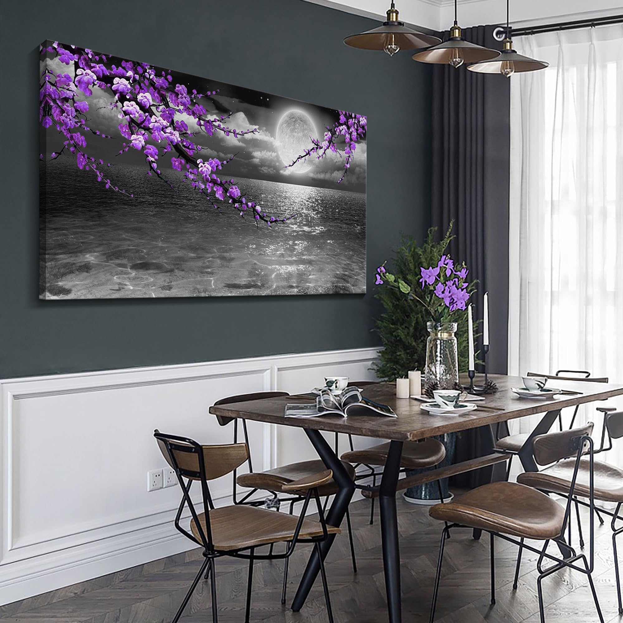 Large Purple Wall Art Decor For Living Room Bedroom Framed Black And White Seascape Full Moon Purple Flower Painting Canvas Pict