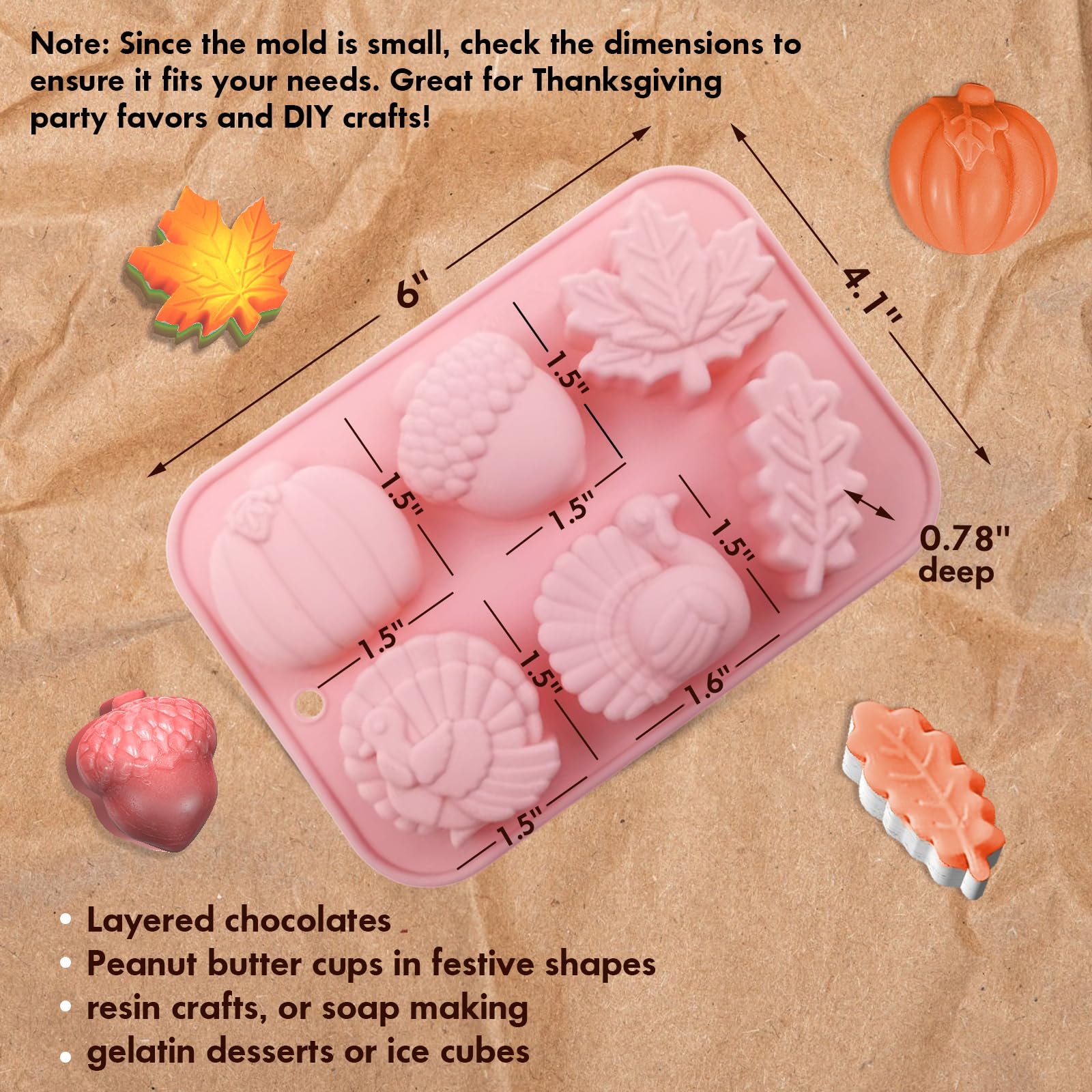 2-Pack Thanksgiving Treat Molds - 6-Cavity Silicone Baking Molds with Turkey, Pumpkin, Pinecone, Maple Leaf - DIY Chocolates, Ca