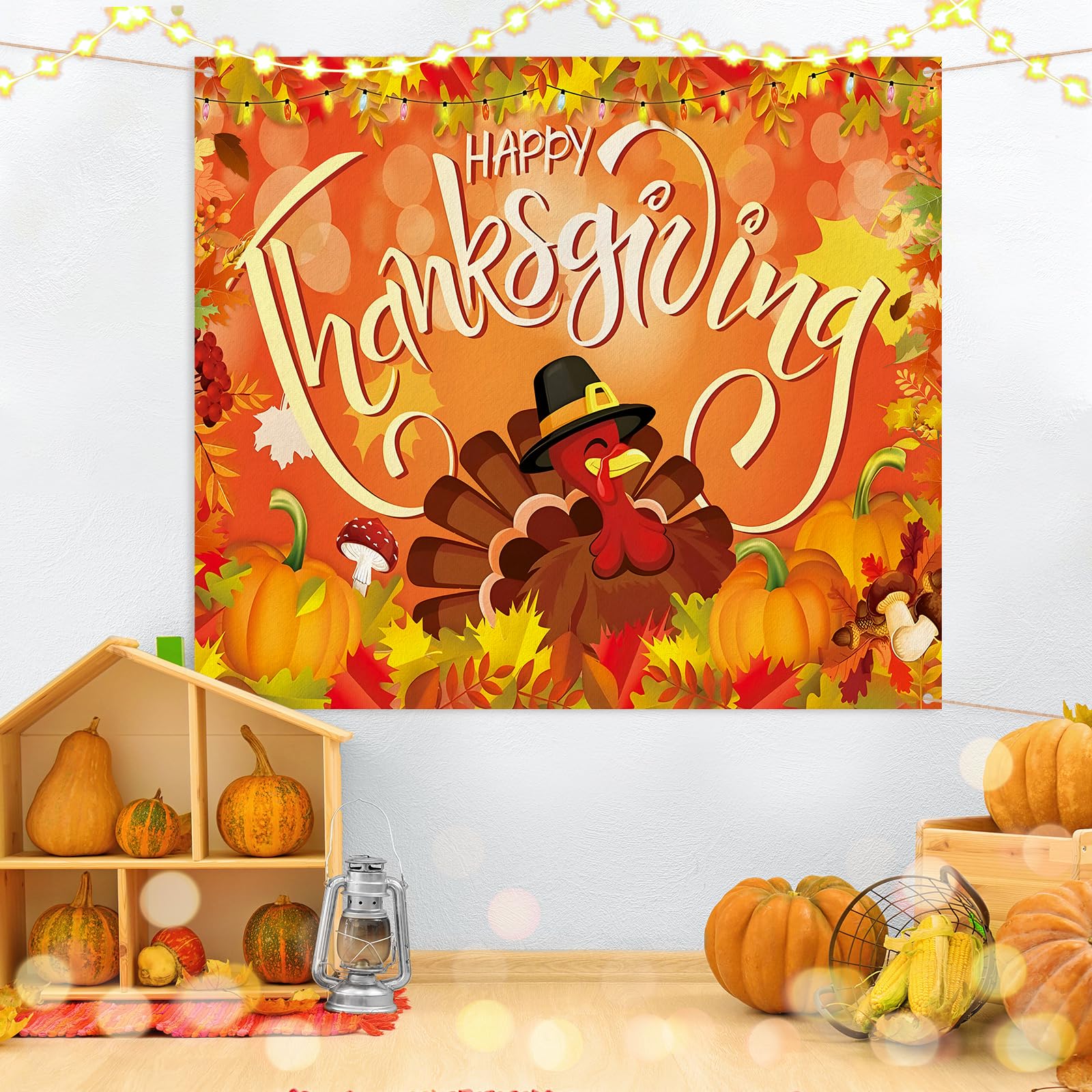 Preboun 7 x 8 ft Happy Thanksgiving Garage Door Cover Turkey Day Garage Door Banner with String Light Fall Large Autumn Holiday