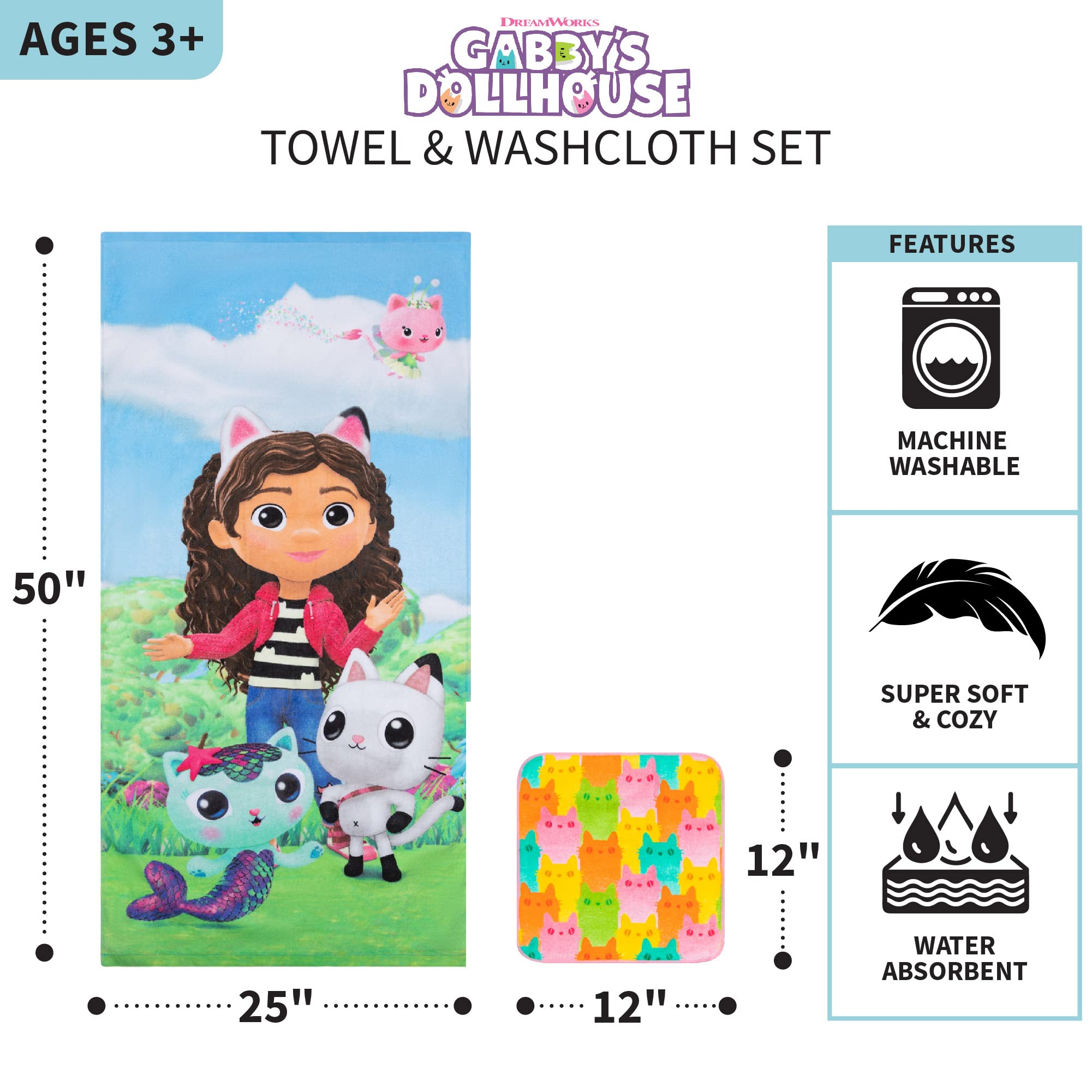 Franco Gabby 's Dollhouse  Gabby  Mercat and Pandy Kids Bath/Pool/Beach Soft Absorbent Cotton Terry Towel with Washcloth 2 Piece Set  50 in x 25 in  (Official DreamWorks Product)