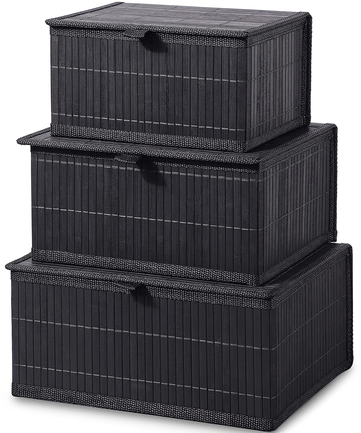 Honygebia Bamboo Decorative Storage Boxes - Set Of 3 Woven Lined Storage Basket With Lids, Black Wicker Lidded Baskets For Home