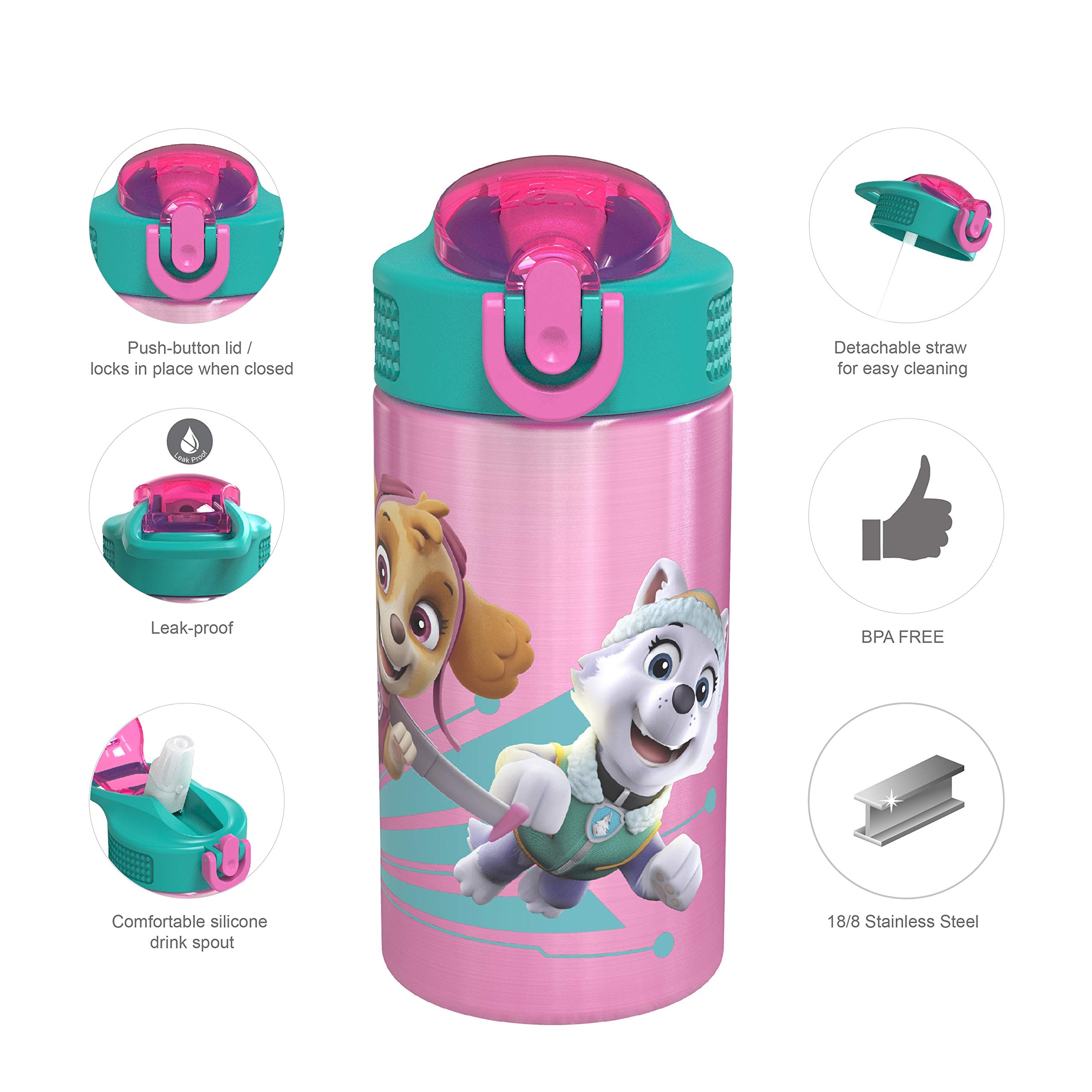 Zak Designs 18/8 Stainless Steel Kids Water Bottle with Flip-up Straw Locking Spout Cover  Durable Cup for Sports or Travel (15.5oz  Paw Patrol Skye) PWPT-S732