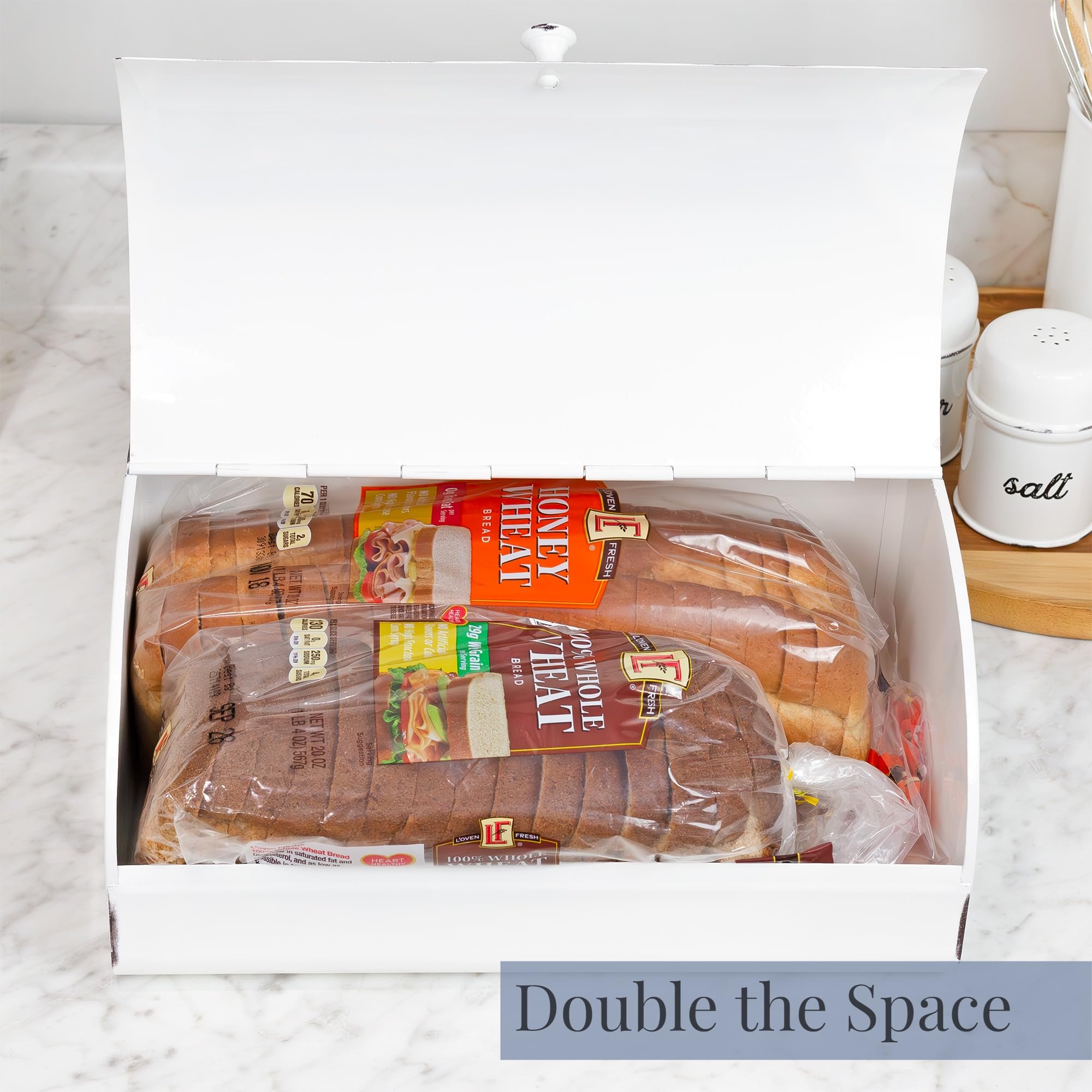 AuldHome Design Rustic White Bread Box - Vintage Enamelware Countertop Bin, Regular Size, Alloy Steel