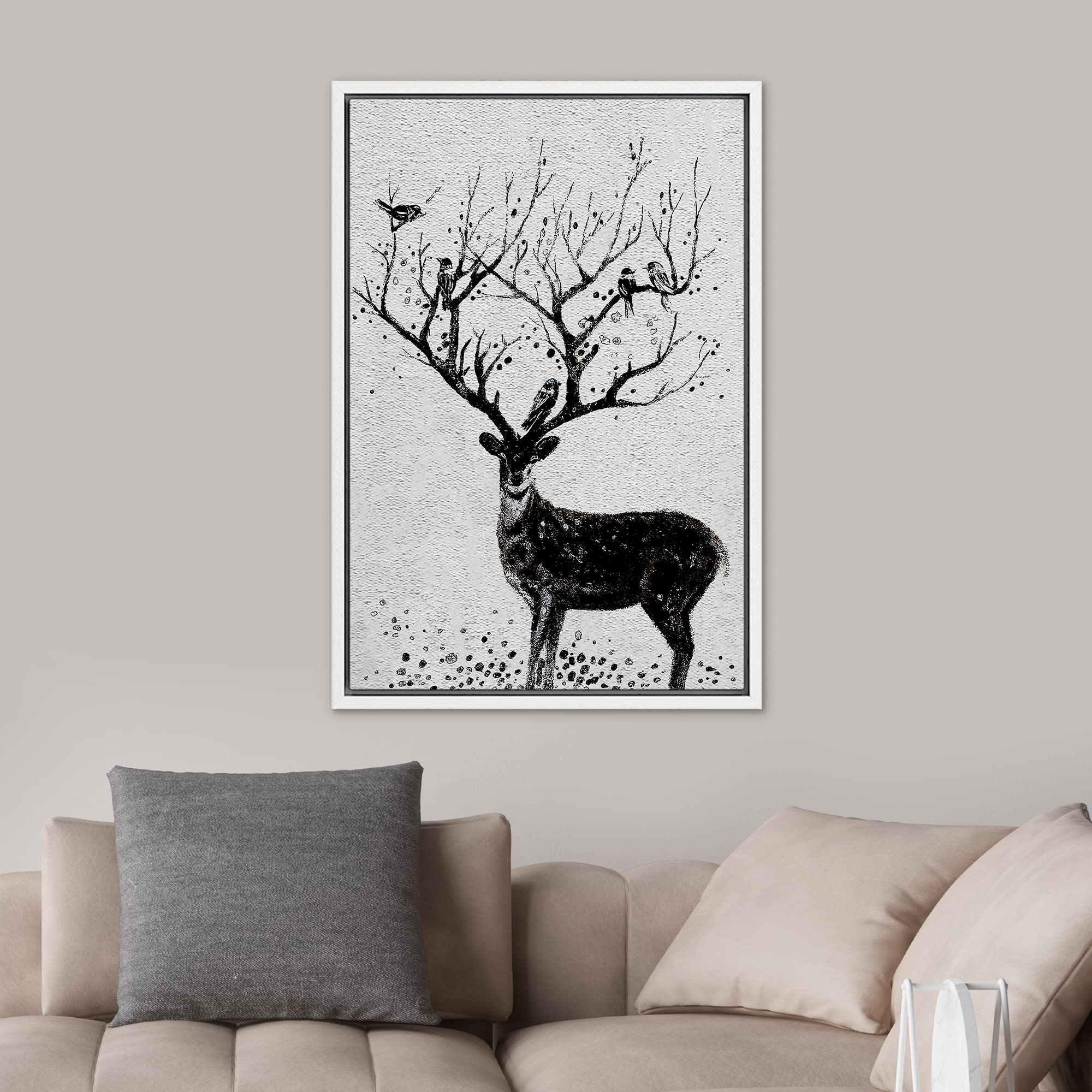 Signwin Framed Canvas Print Wall Art Black & White Deer With Birds On Antlers Wildlife Animals Illustrations Modern Chic Scenic
