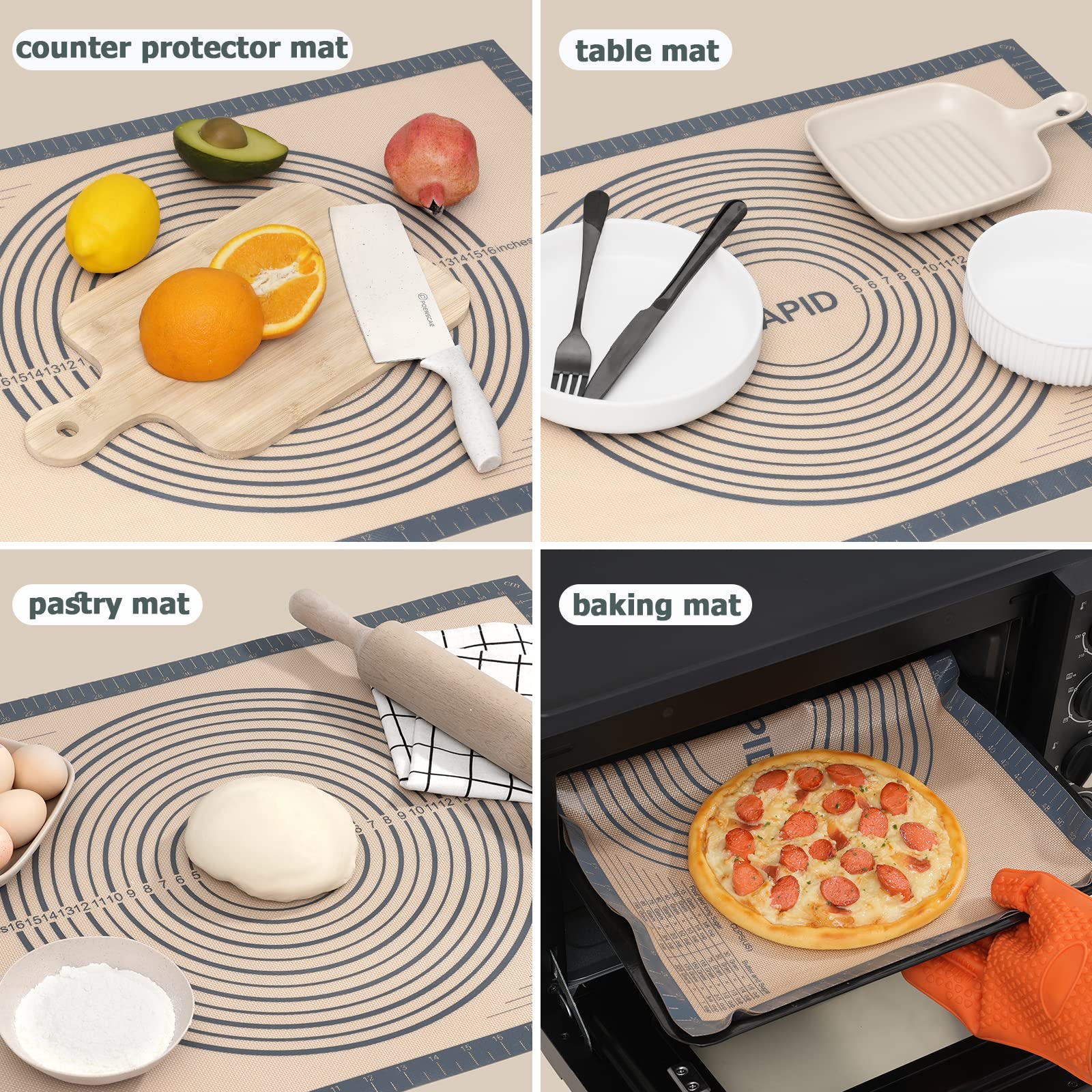 Non Slip Silicone Pastry Mat Large With Measurements For Non-Stick Dough Rolling, Pie Crust, Pastry Roll Out, Cookies,Bread And