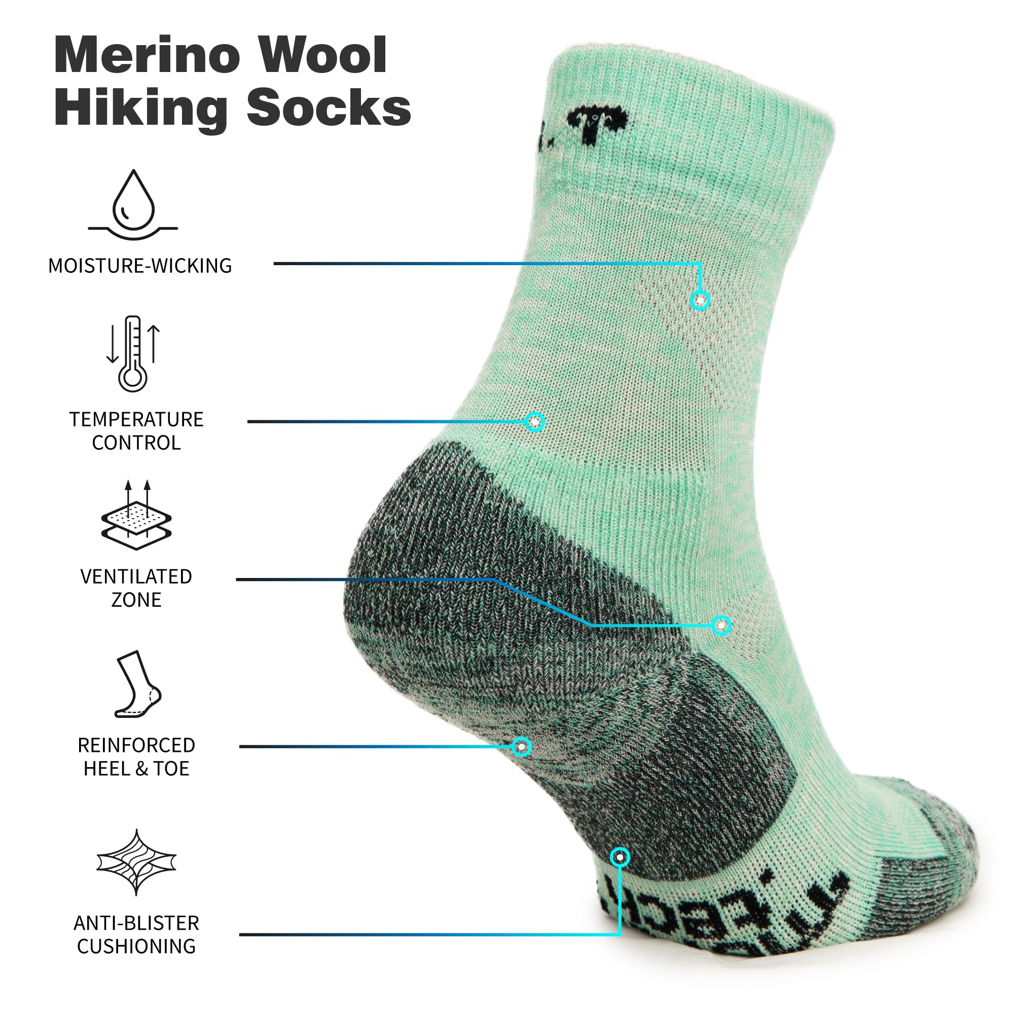 Merinotech Merino Wool Socks For Women And Men - 85 Merino Wool Hiking Socks Crew Style (Mint Icecream Pack Of 2, 4-8)