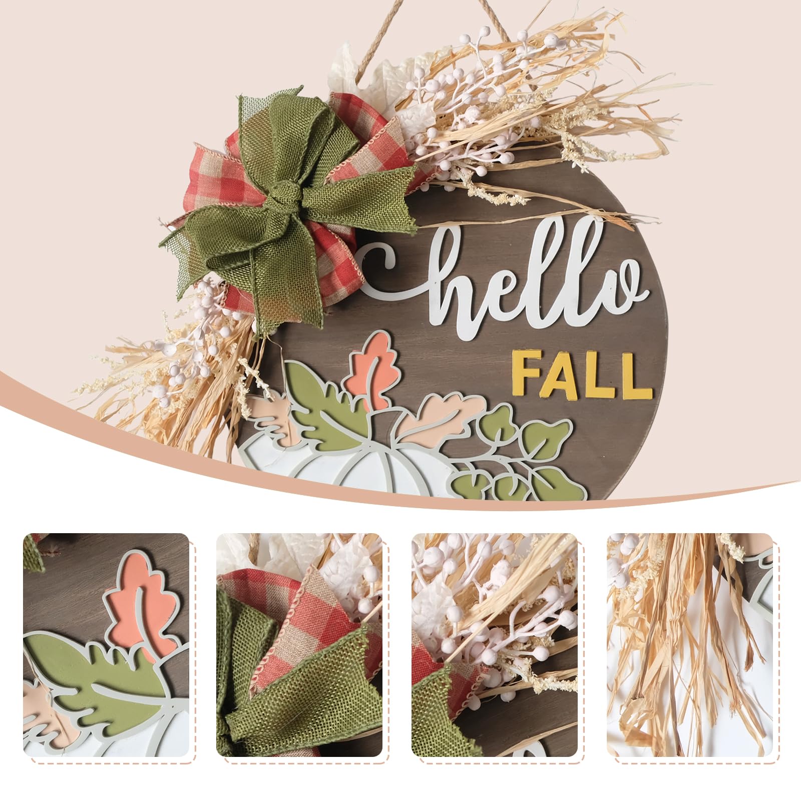Pumpkin Hello Fall Door Sign Wreath with Burlap Bow & Natural Lafite Grass Maple Leaves - 14 Fall Door Hanger Farmhouse Porch De